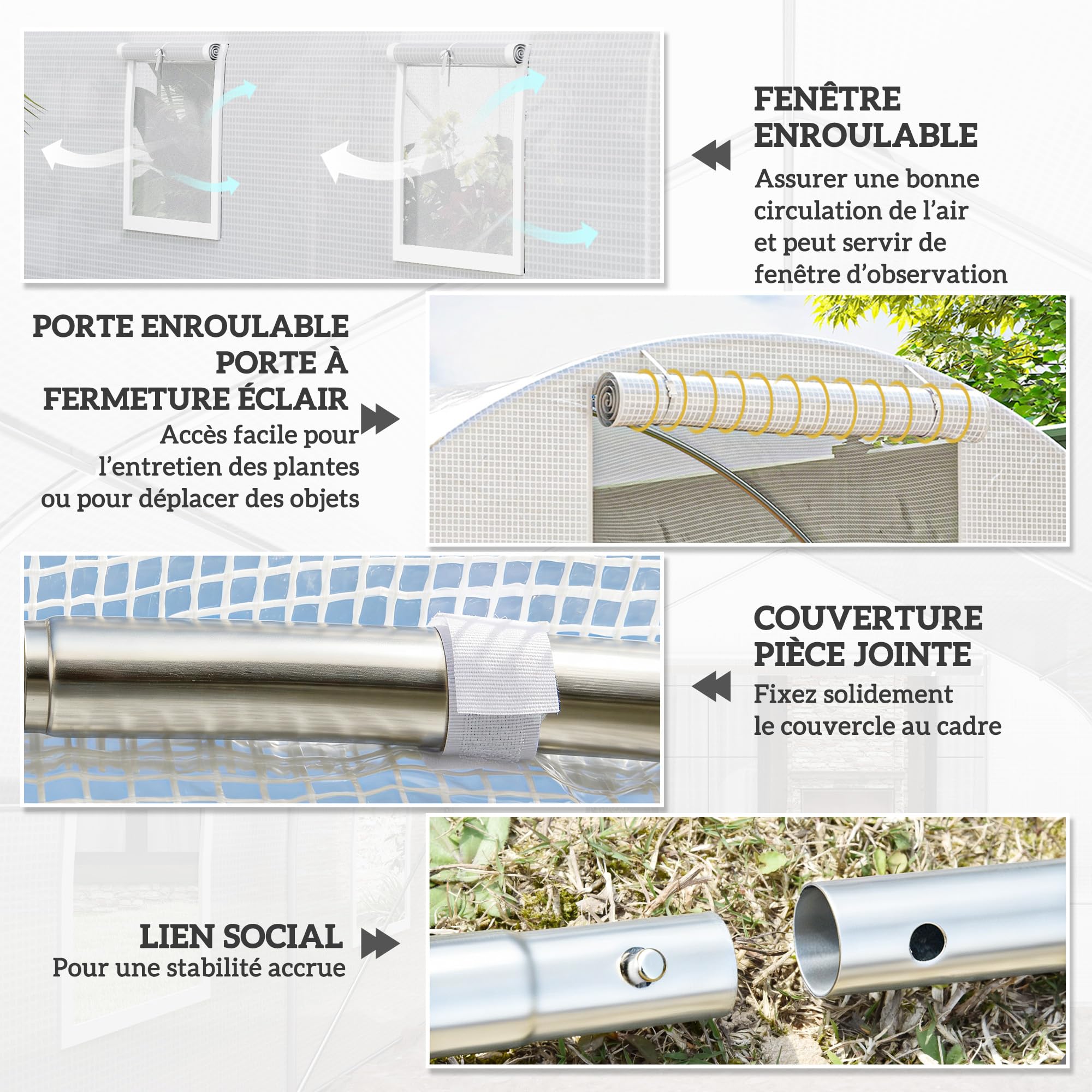 Outsunny Serre de Jardin Tunnel 9 m² 3L x 3l x 2H m - 4 fenêtres, Porte zippée Enroulable - châssis Tubulaire Acier galvanisé, bâche PE Haute densité Blanc