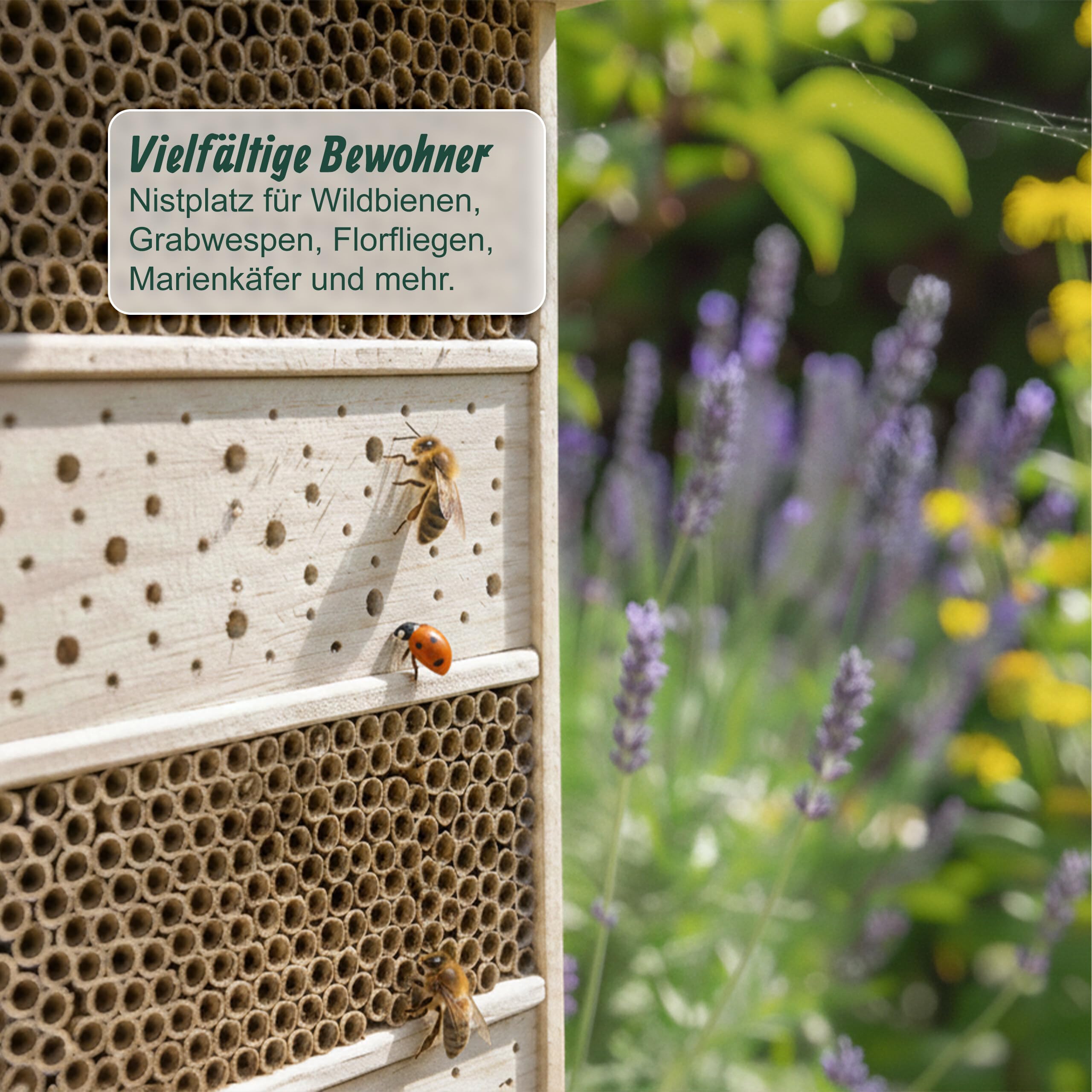 Relaxdays Bienenhotel, Holz, Bambusröhrchen, HBT: 40 x 26 x 10,5 cm, Garten, Balkon, Insektenhotel zum Aufhängen, Natur