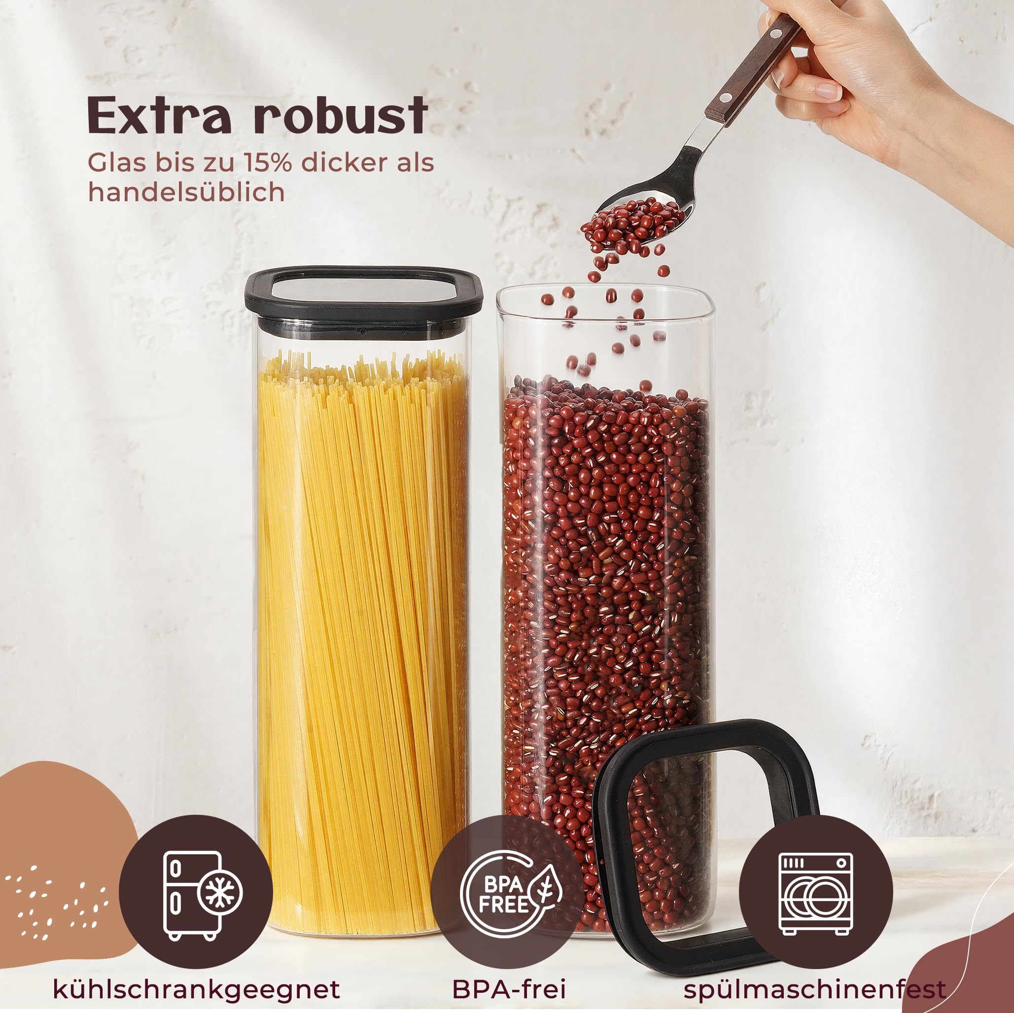 Tarros de almacenamiento con tapa (2 x 2300 ml) – Tarros de cristal con tapa, herméticos y a prueba de polillas | tarros de almacenamiento cuadrados con tapa de cristal | Contenedores de