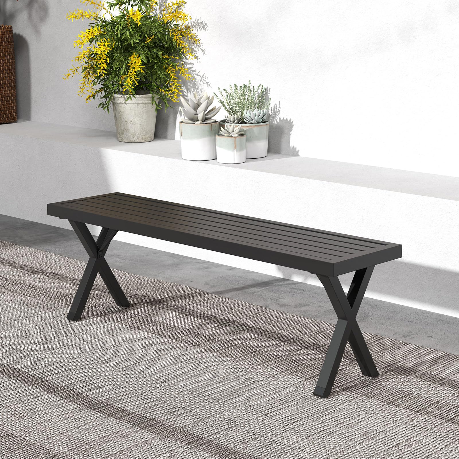 COSTWAY Panca da Esterno in Metallo 138x36x46 cm Panchina con Seduta a Listelli Gambe a X Capacità 360 kg Nero
