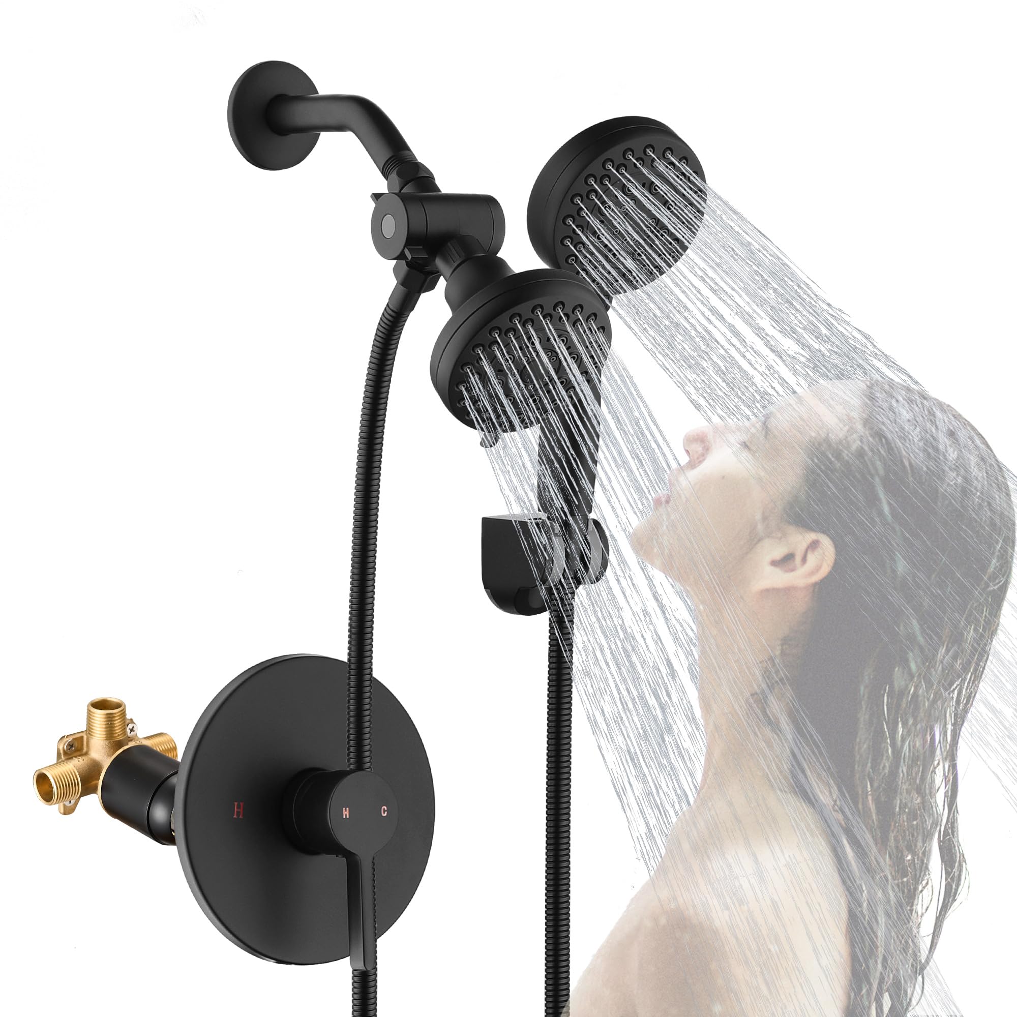 FRANSITON Matte Black Shower System High Pressure 5-Spray Rain Shower Head and Handle Combo Set with Valve 3-Way Diverter for Bathroom (Updated Diverter Valves)