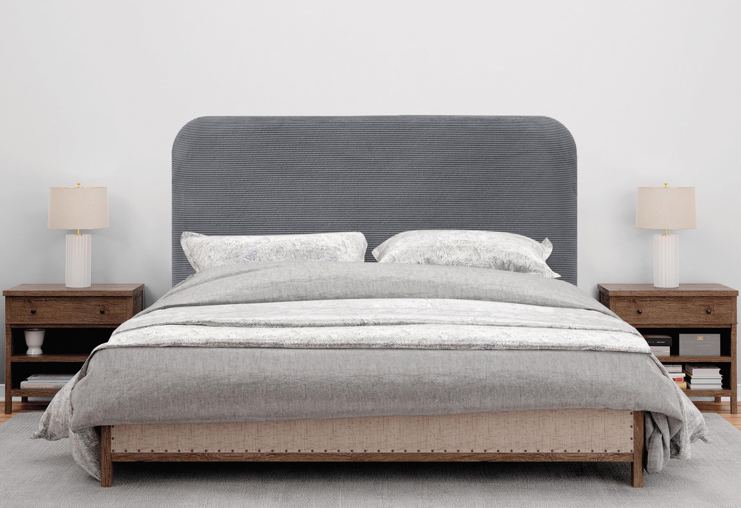 DHOME Tête de Lit Rembourrée Lisse et Courbée 70cm en Velours Côtelé Premium avec Pieds pour Mur Acoustiques Absorbantes Tête de Lit pour Chambre (Gris Foncé, 140cm)