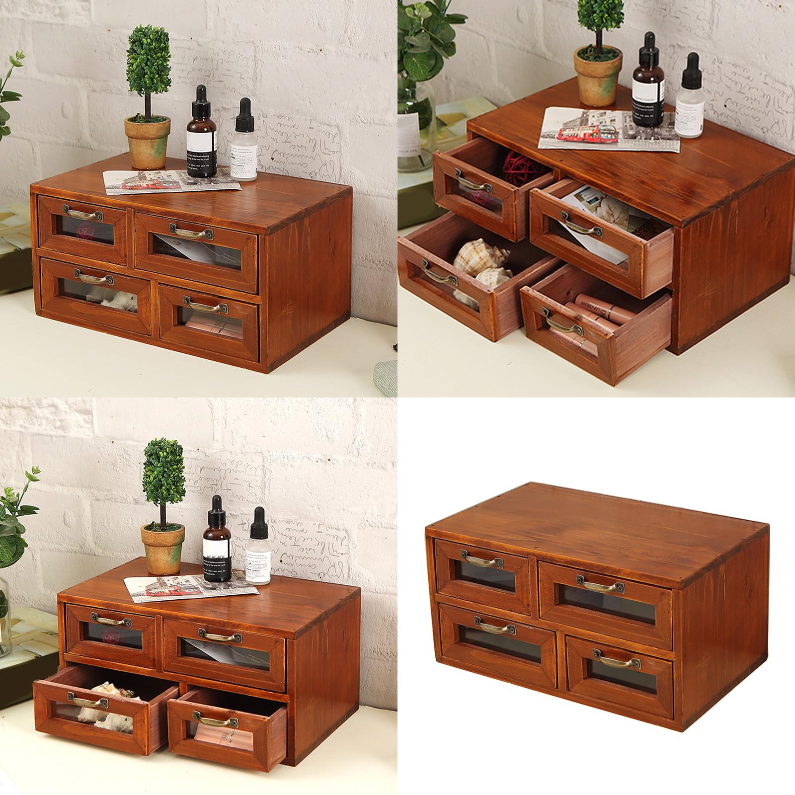 Organizzatori da scrivania classici in legno con pannelli in vetro, perfetti per migliorare l'ordine della stanza e riporre più cassetti