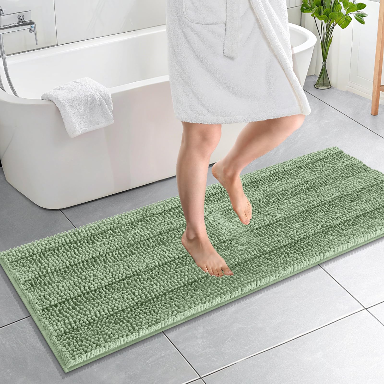 OLANLY Thick Bathroom Runner Rugs 59x20, Chenille Bath Rugs, Sage Green