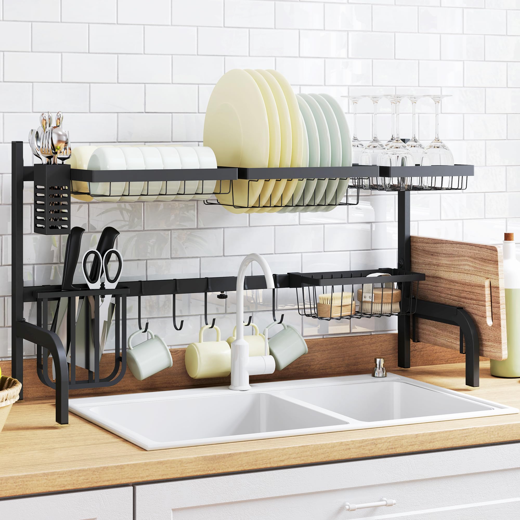 Homcom Black Large Dish Drainer Rack Over The Sink, 2 Tier Adjustable Dish Drainer 51-93Cm, Space Saving Kitchen Counter Shelf Organiser,