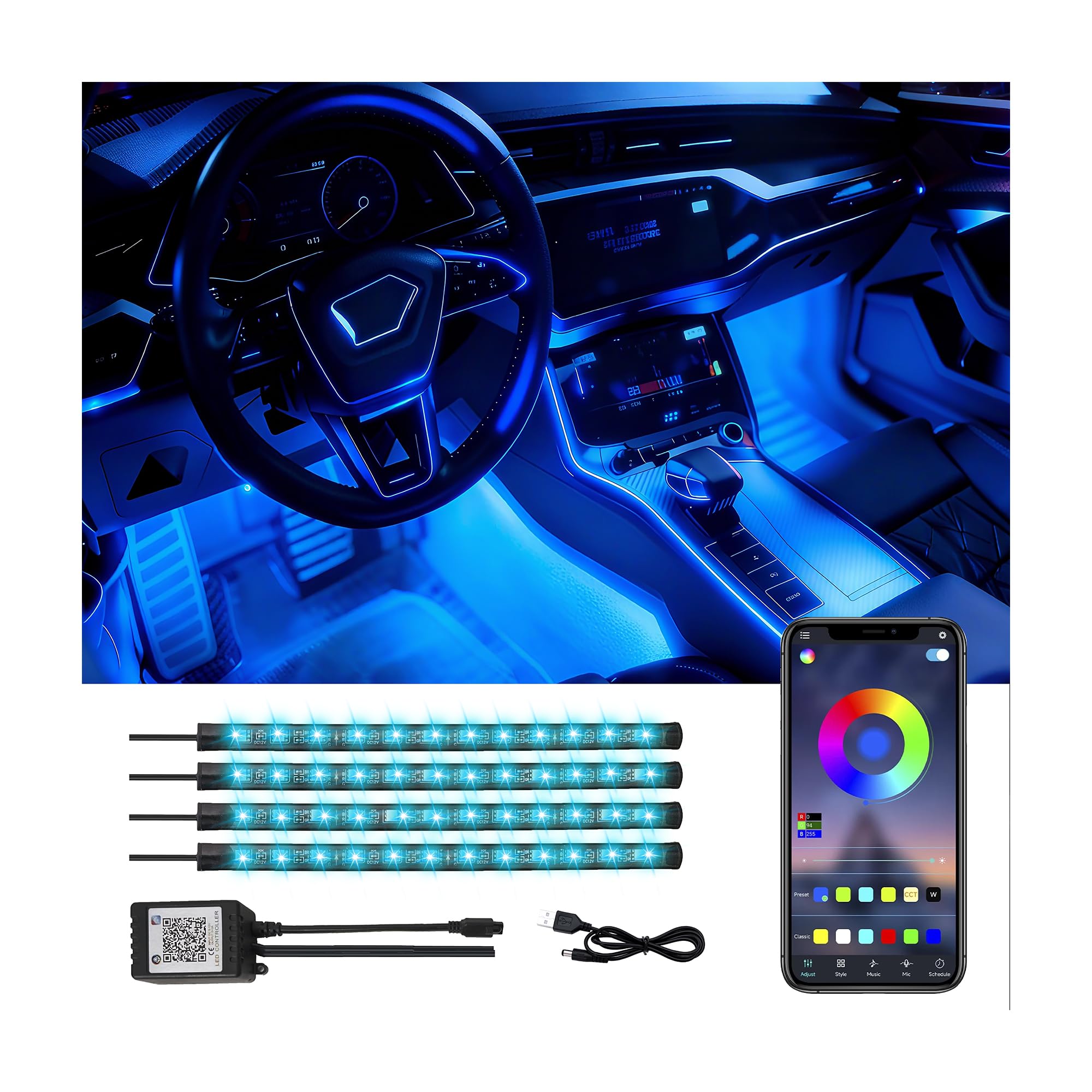 Car Interior LED Lights - 4PCs RGB Strip Lights with Bluetooth APP Control, Music Sync/DIY Mode, USB-Powered Ambient Lighting Kit for Cars, Trucks, SUVs (Universal Fit)