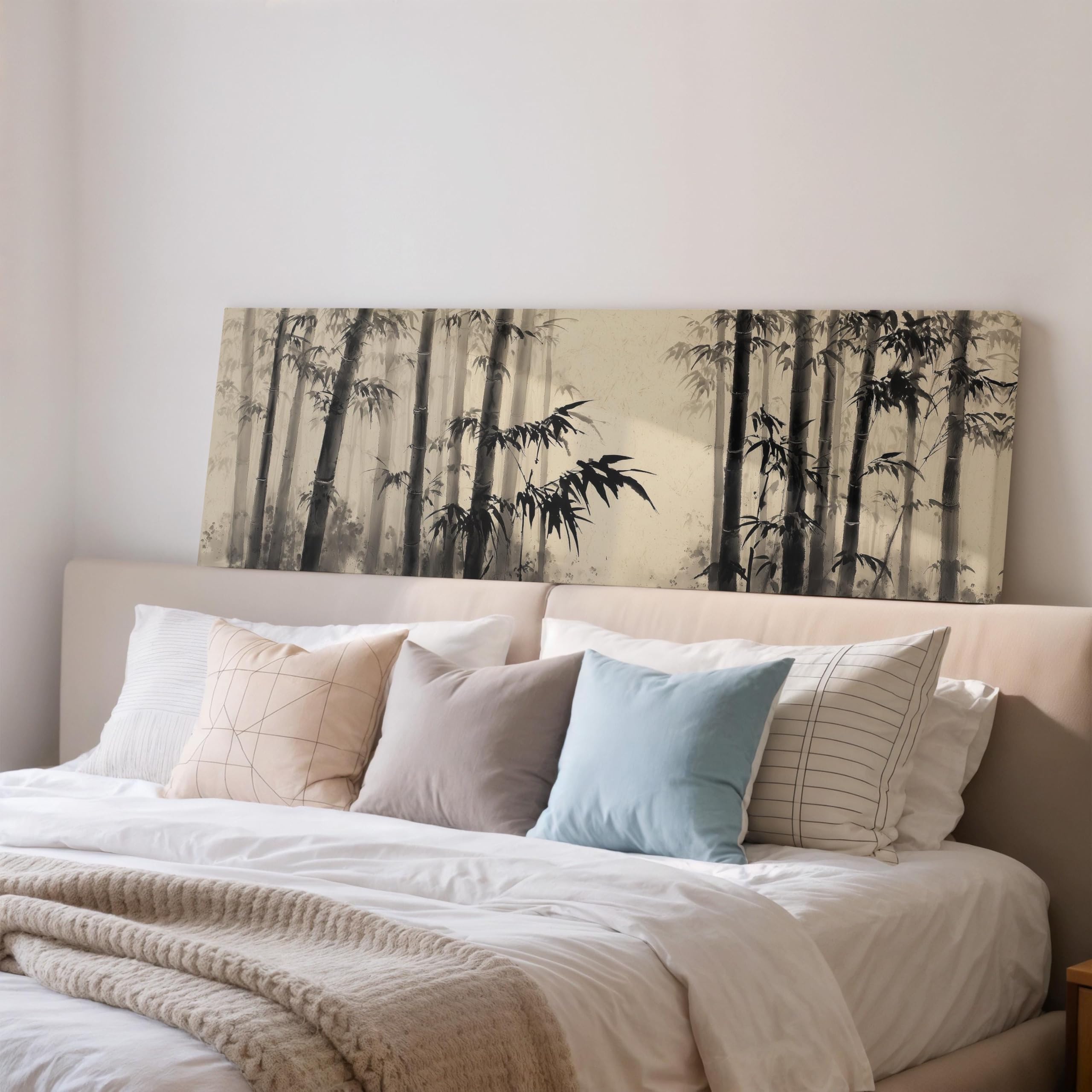 XBTYKPB Japanese Bamboo Forest Wall Art, Wide Panoramic Canvas, Long Horizontal Decor, Large size Sumi-e Ink Wash, Zen Style,(45x135cm/Frameless)