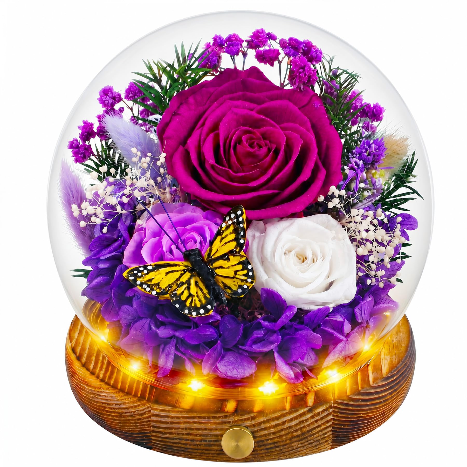 Elover Preserved Roses in Glass Dome with LED Light – Long Lasting Real Flowers,Forever Eternal Rose for Mother's Day,Valentine's Day,Birthday Gifts for Women,Mum,Wife,Girlfriend (ButterflyPurple)
