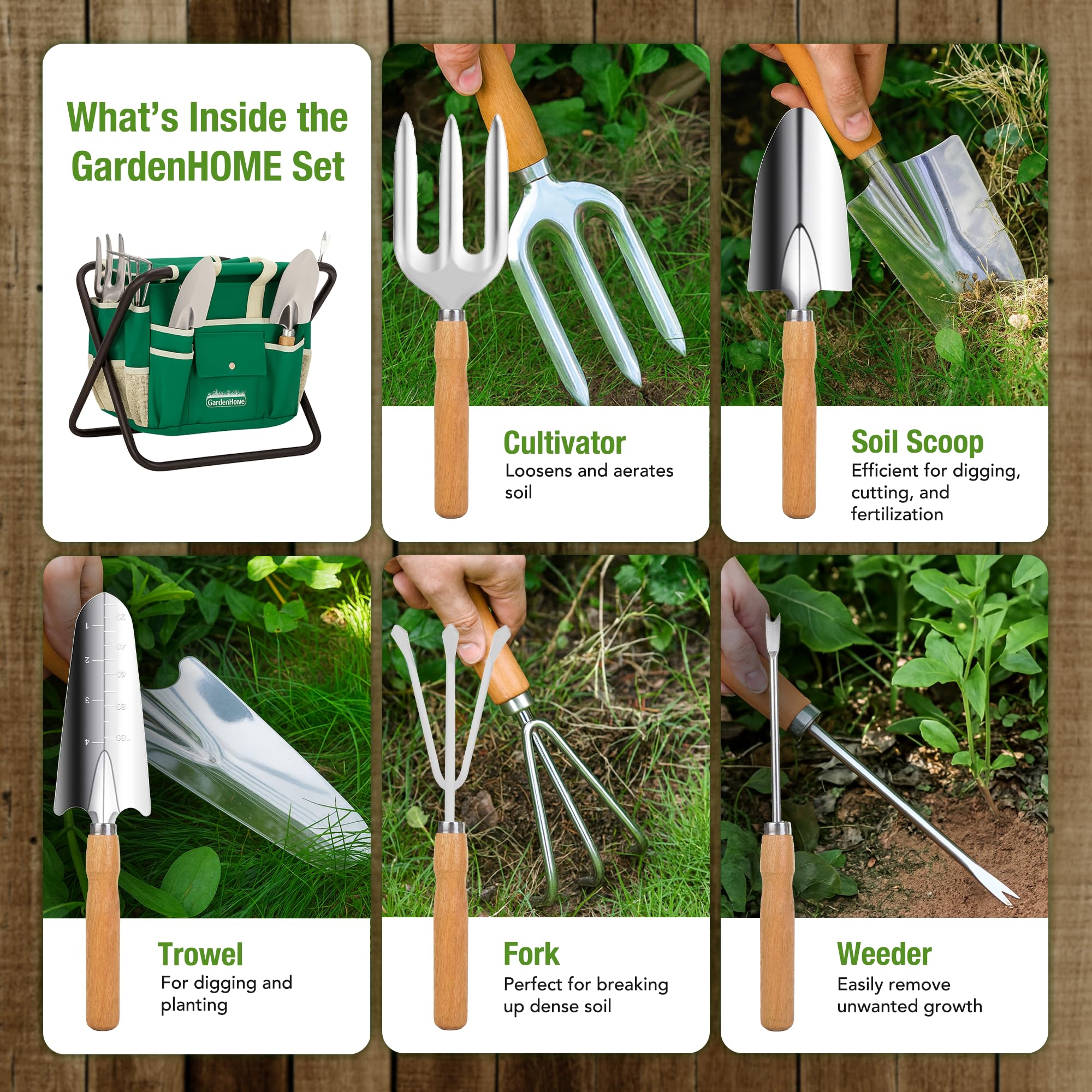 GardenHOME Set di Attrezzi da Giardino 7 Pezzi Kit Giardinaggio, Utensili da Giardino in Acciaio Inossidabile con Sgabello Pieghevole e Borsa