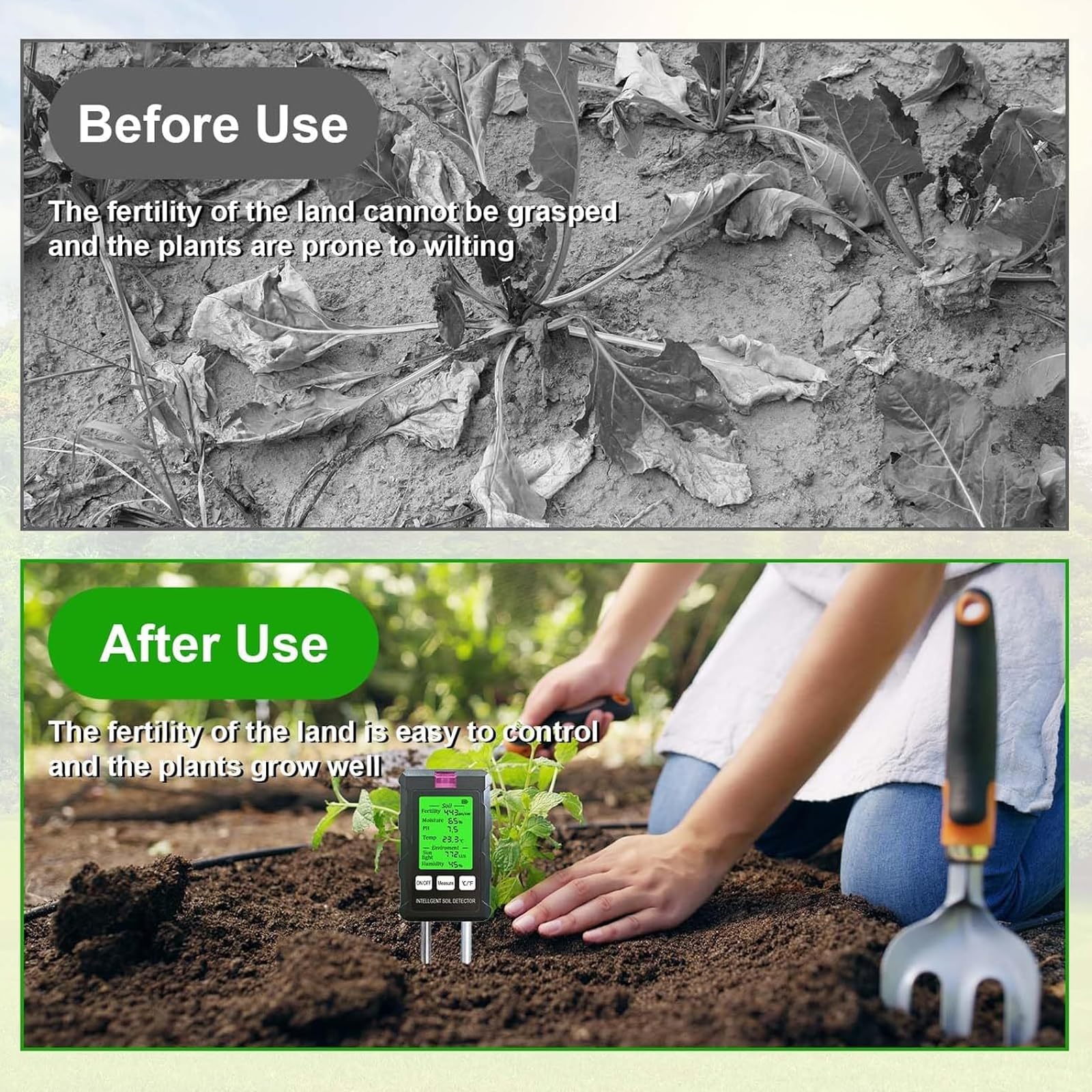 Medidor de humedad del suelo: mide el pH, la humedad, la fertilidad, la temperatura y la intensidad de la luz solar con pantalla LCD retroiluminada para jardinería y plantas al aire libre