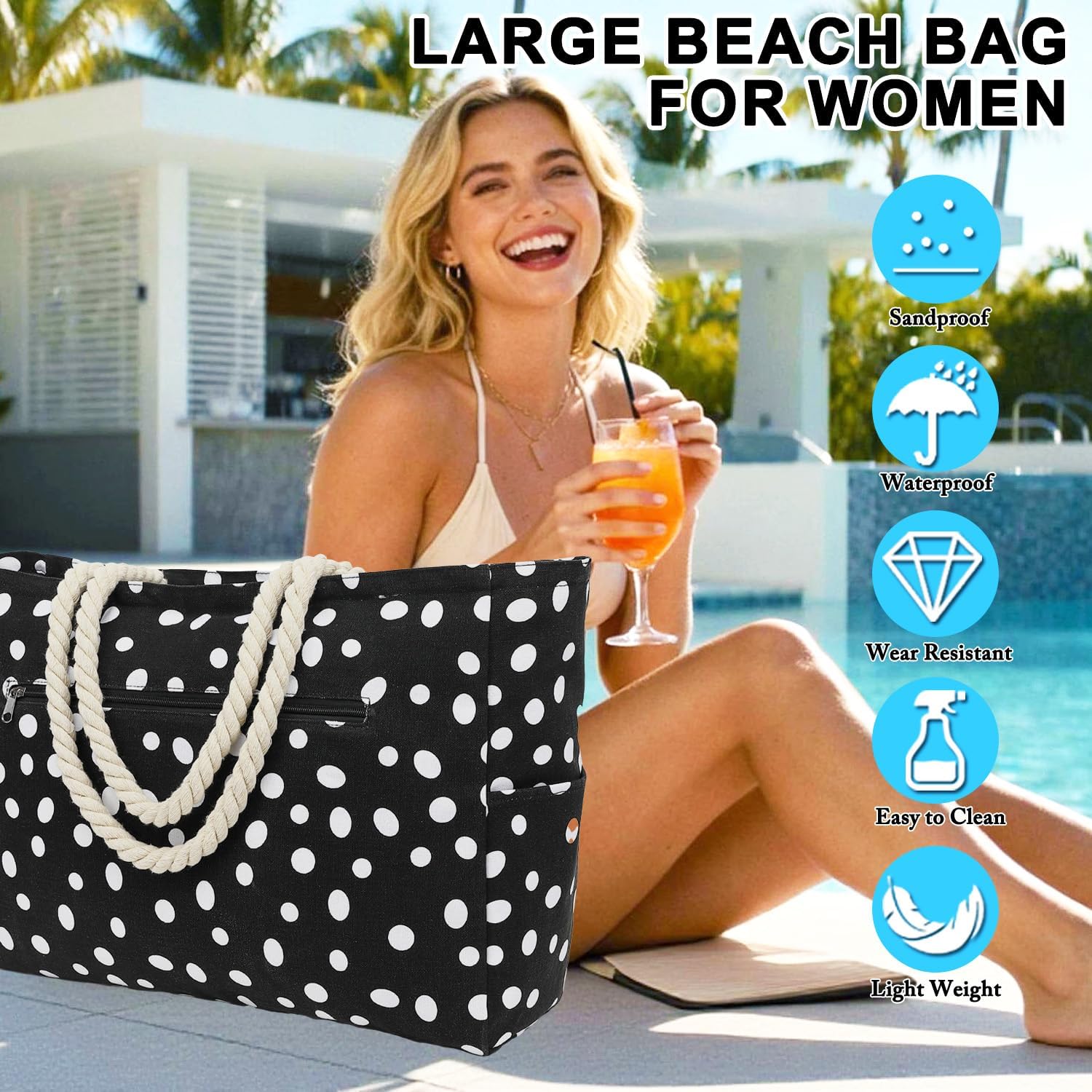 Fammart Large Canvas Beach Bag for Women, Beach Bags Waterproof Sandproof with Zipper & Wet Bag Cruise Essentials - Image 2