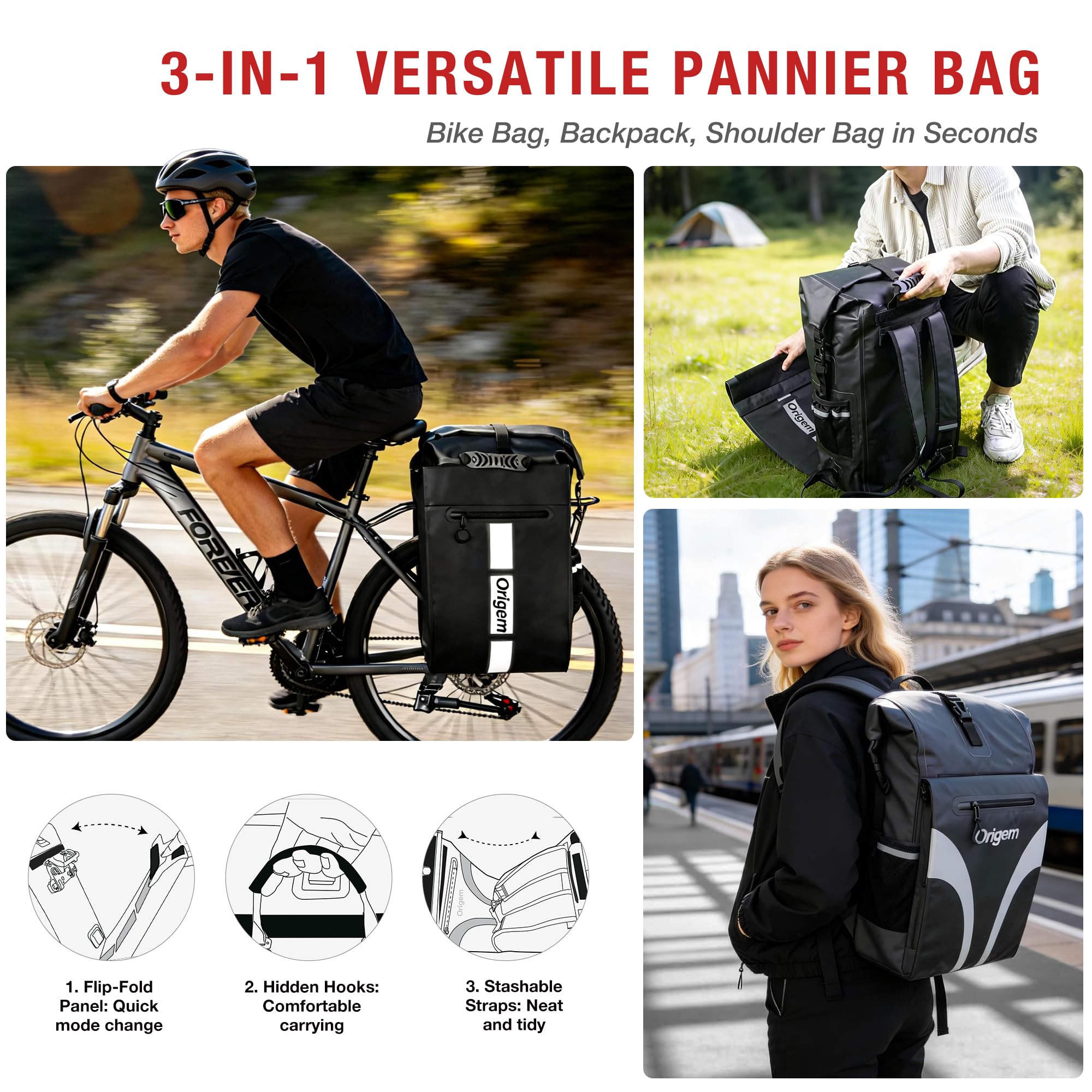 Origem 32 L Fahrradtasche für Gepäckträger, 3in1 Rucksack wasserdicht | Umhängetasche für Damen & Herren, Große Gepäckträgertasche Fahrradtasche mit Reflektoren & Laptopfach Sichere Befestigung