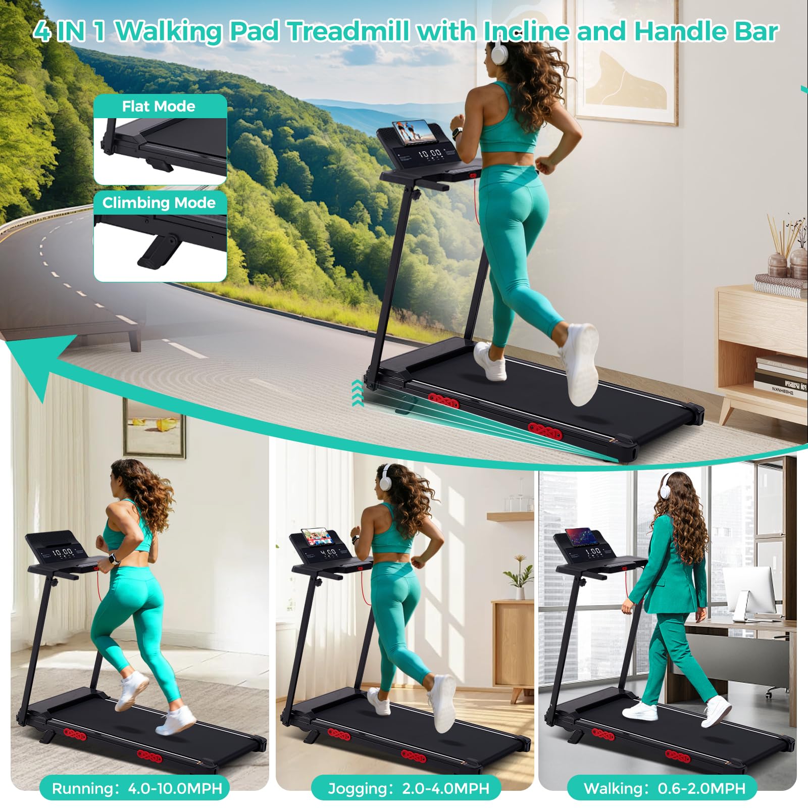 Condition photo showing New/Like New for small treadmill with incline, 3.5hp electric treadmills for home exercising, walking pad treadmill with handle bar and incline, 0.6-10mph portable mini treadmills for home small, 400lbs capacity
