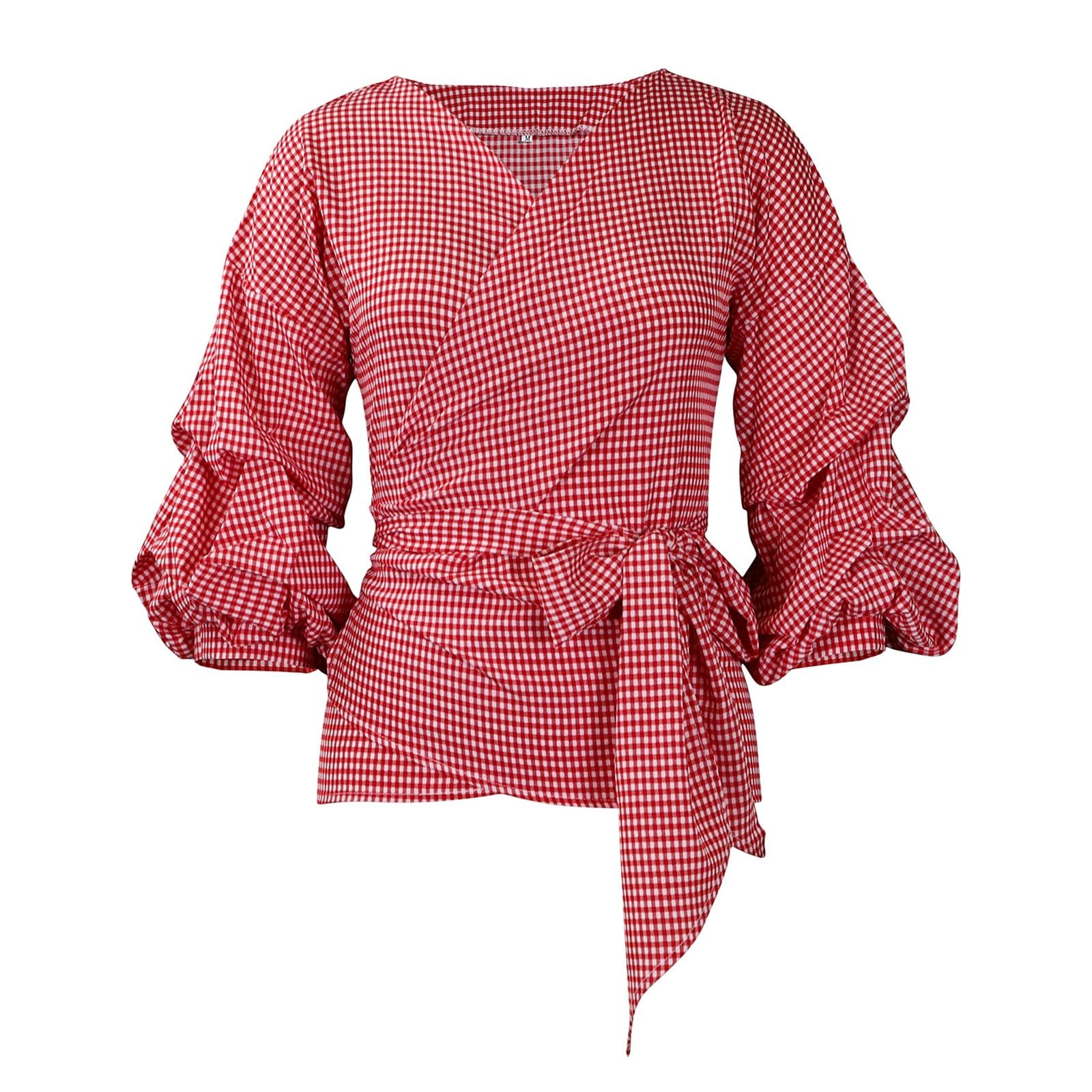 Camisa de Cuadros para Mujer Talla Grande con Cinturón de Lazo Removible y Mangas Abullonadas para Estilo Elegante y Casual