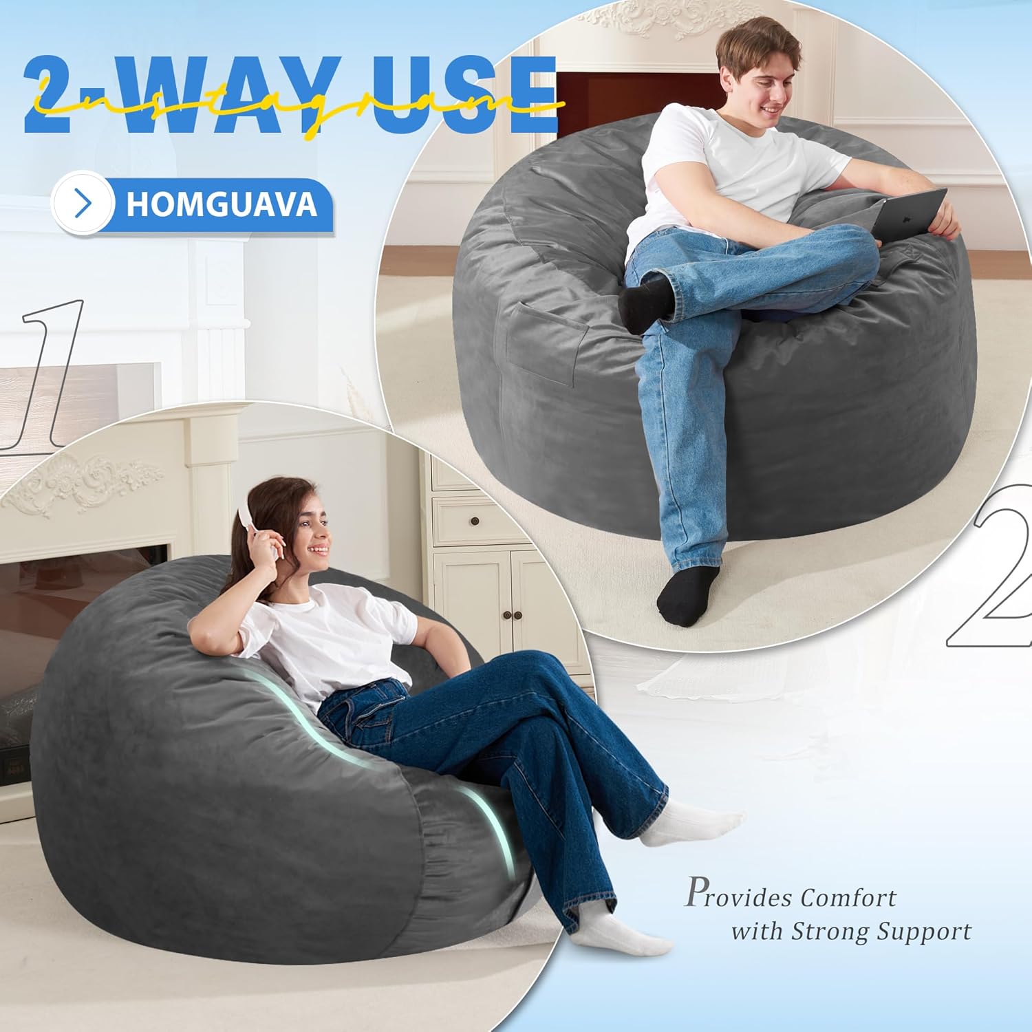 Homguava 3FT Bean Bag Chair: 3' Bean Bags with Memory Foam Filled, Large Beanbag Chairs Soft Sofa with Dutch Velvet Cover-Grey - Image 5