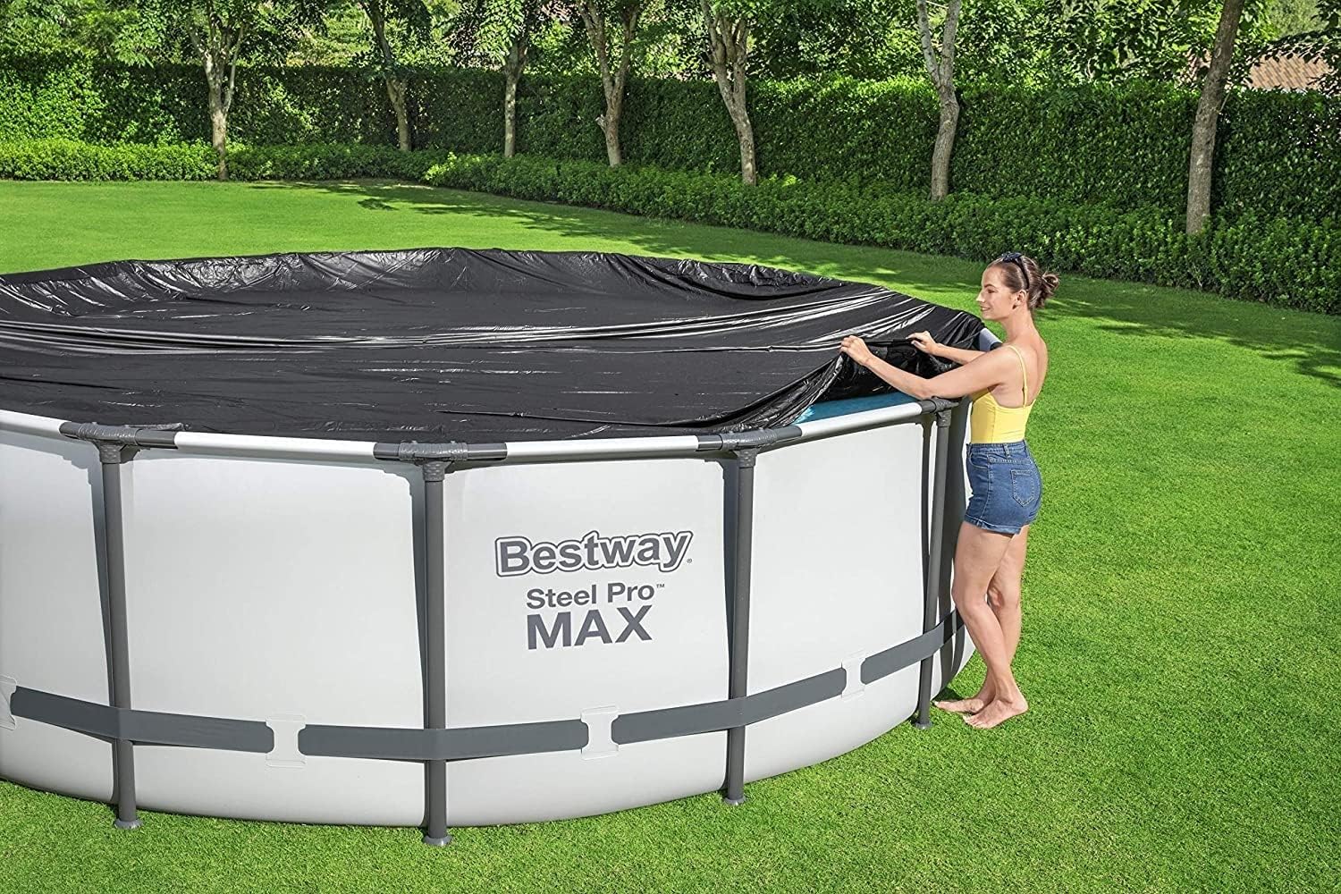 Bestway 58038-19 Flowclear Swimming Pool Cover for Steel Pro Max Round Pools, 15 ft, Black