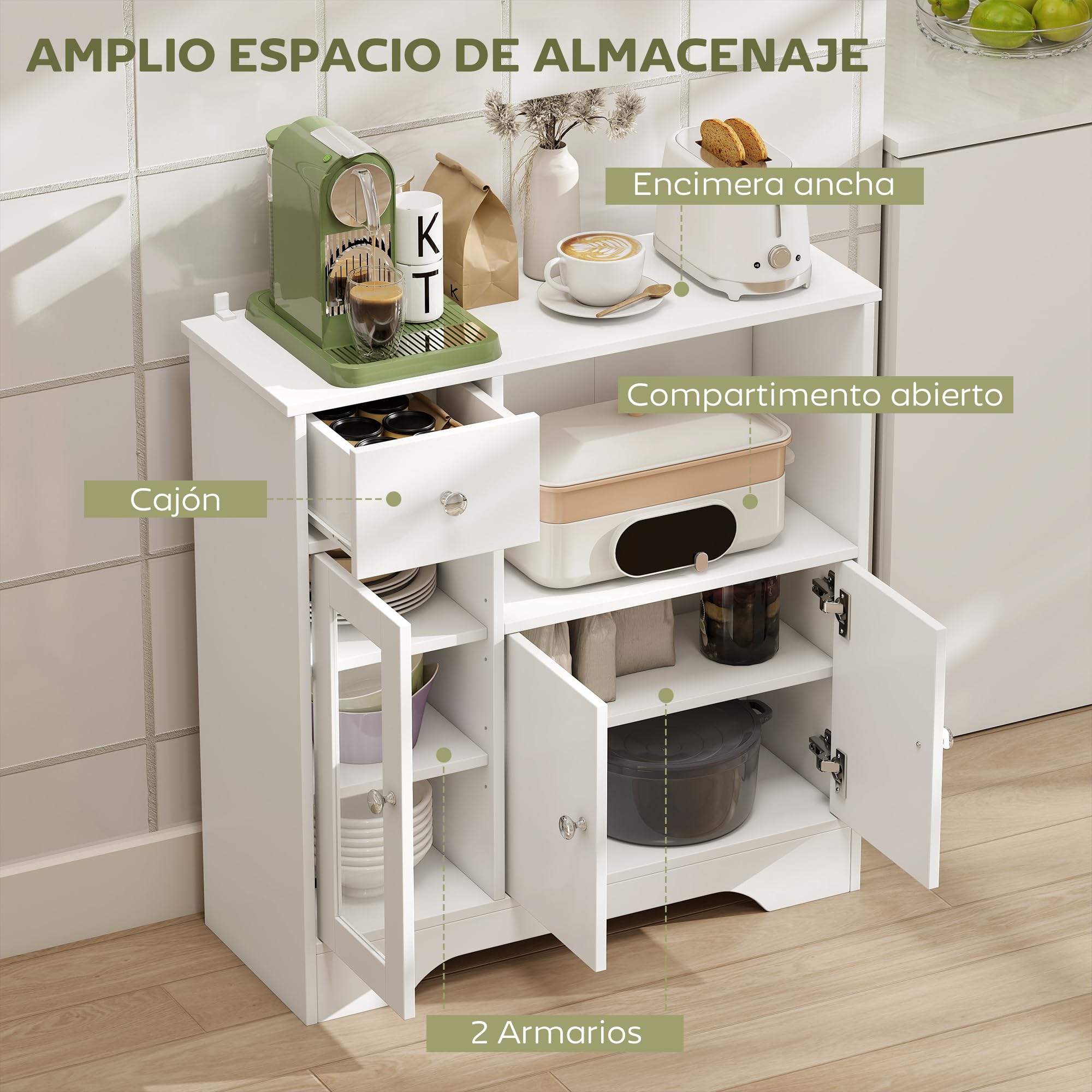 HOMCOM Aparador Blanco Aparador de Cocina Moderno con Puerta de Vidrio Cajón Estante Abierto y Baldas Ajustables Mueble Auxiliar de Almacenaje para Comedor Salón 80x30x82 cm Blanco | Puerta de Vidrio, Cajón, Estante Abierto, Baldas Ajustables, Mueble Auxi