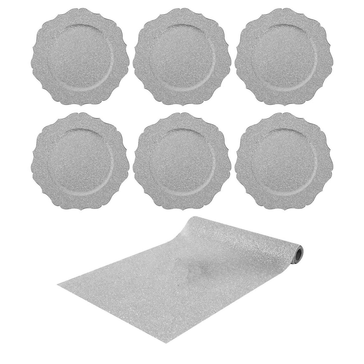 YöL Gold Glittery Table Runner And 6 Charger Plates Christmas Xmas Dinner Lunch Birthday Anniversary Decoration