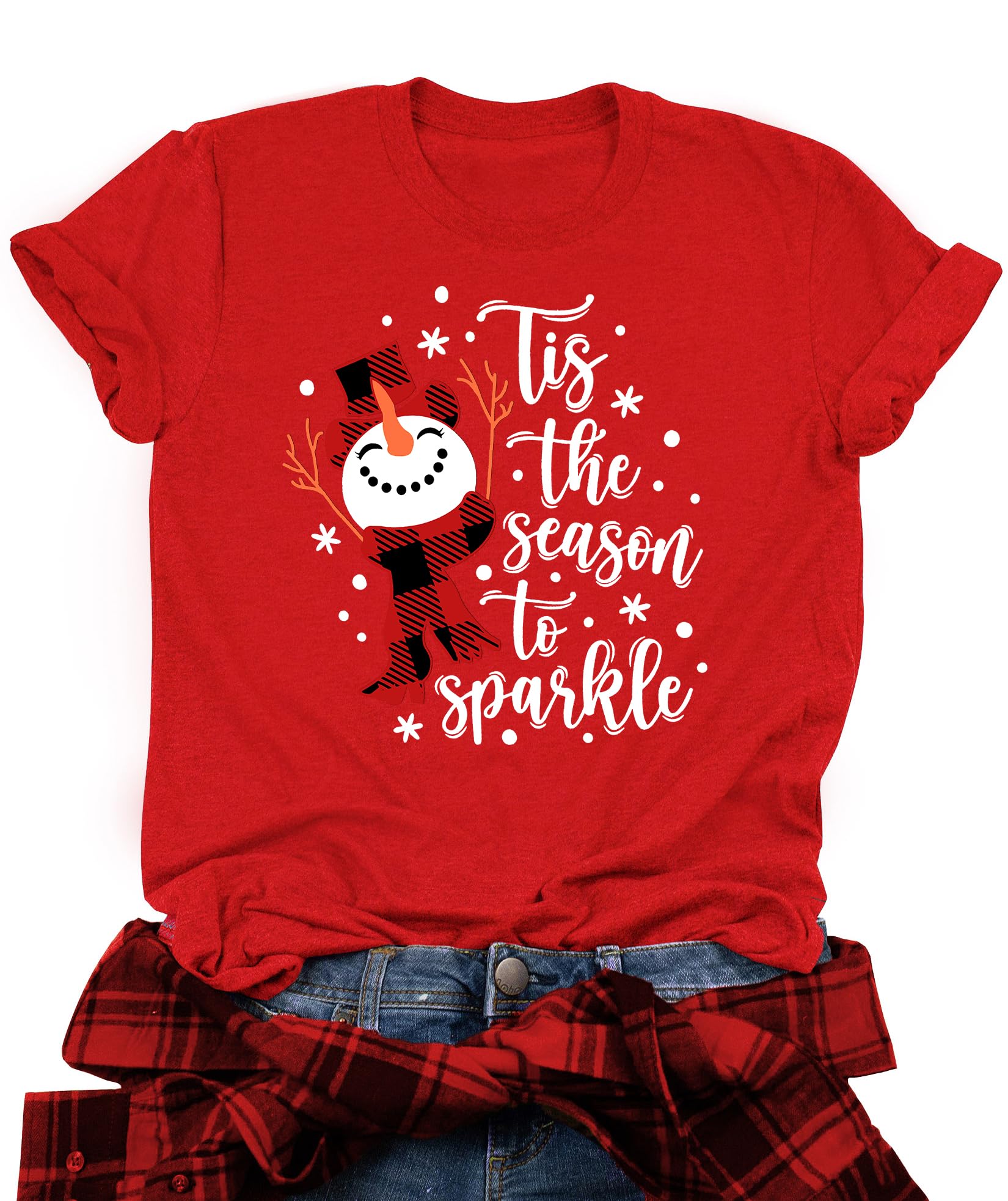 PECHARChristmas Snowman Shirt for Women Tis The Season to Sparkle Xmas T-Shirts Graphic Plaid Holiday Blouse Tops