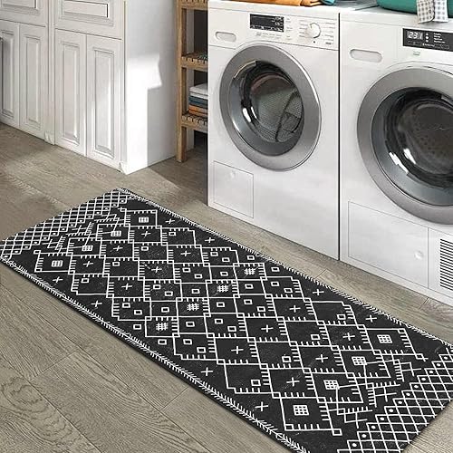 Miniatura 7 de Uphome Alfombra de pasillo de 24 x 59 pulgadas, color negro, bohemio, geométrico, largo, antideslizante, marroquí, para lavandería, terciopelo