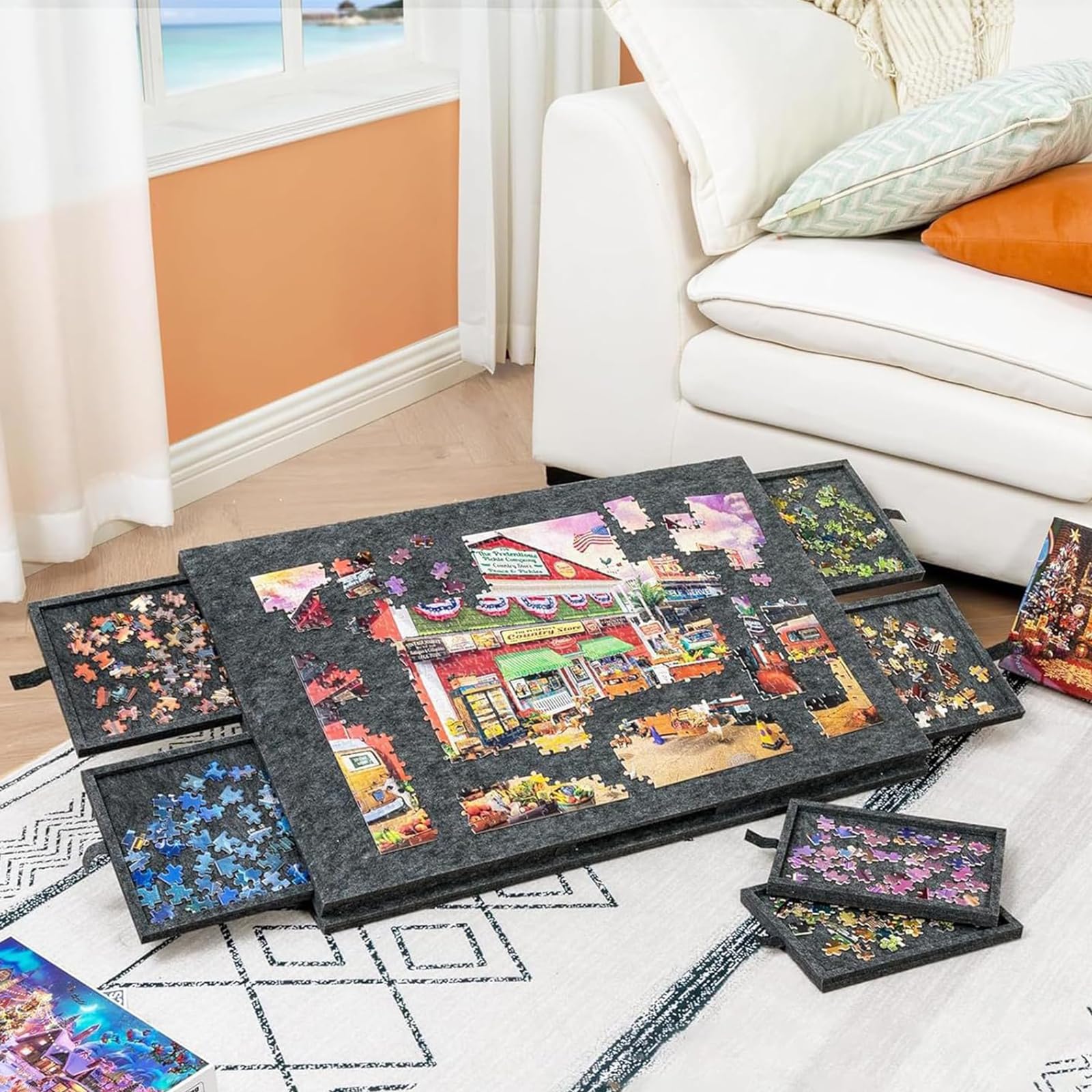 Składany stół do puzzli składający się z 1500 elementów, przenośna plansza do układania filcowych puzzli, stojak i filcowy futerał do przechowywania z 6 szufladami, do gier dla dorosłych, Light Grey