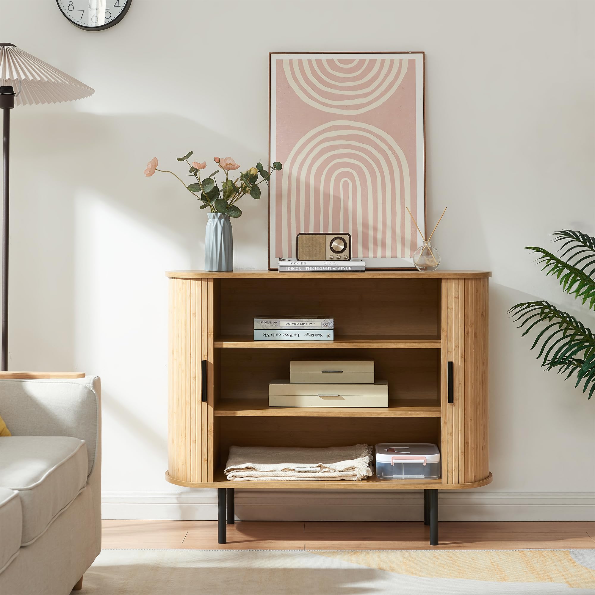 [en.casa] Mobile Multiuso a 2 Ante Scorrevoli in Bambù Scarpiera con 3 Ripiani Vani Portascarpe Comò Stretto Piano Ovale per Ingresso Soggiorno Camera da Letto 100x40x80 cm - Naturale/Nero