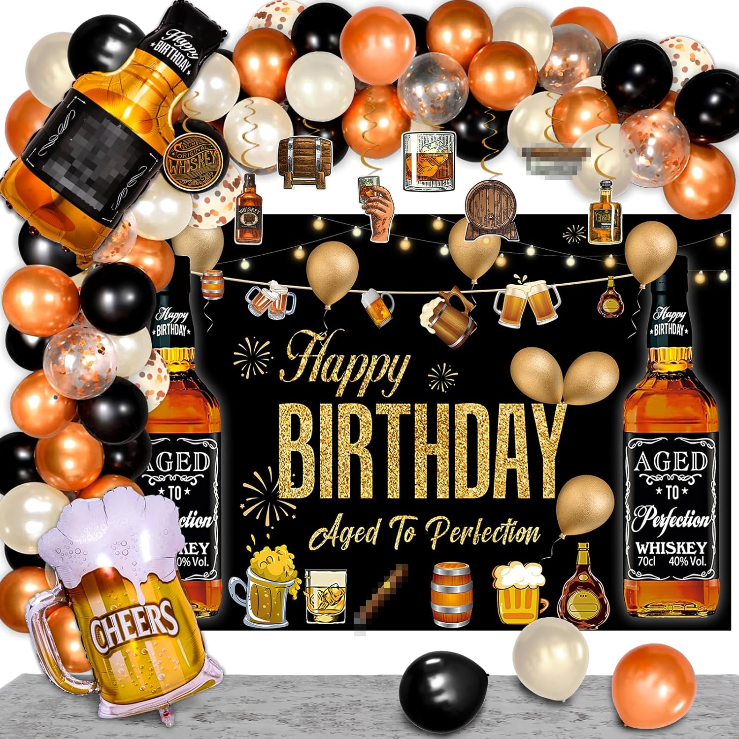 Bluegogo Decoraciones de fiesta de whisky para hombres, kit de 82 piezas envejecidas a la perfección con globos de aluminio, telón de fondo,
