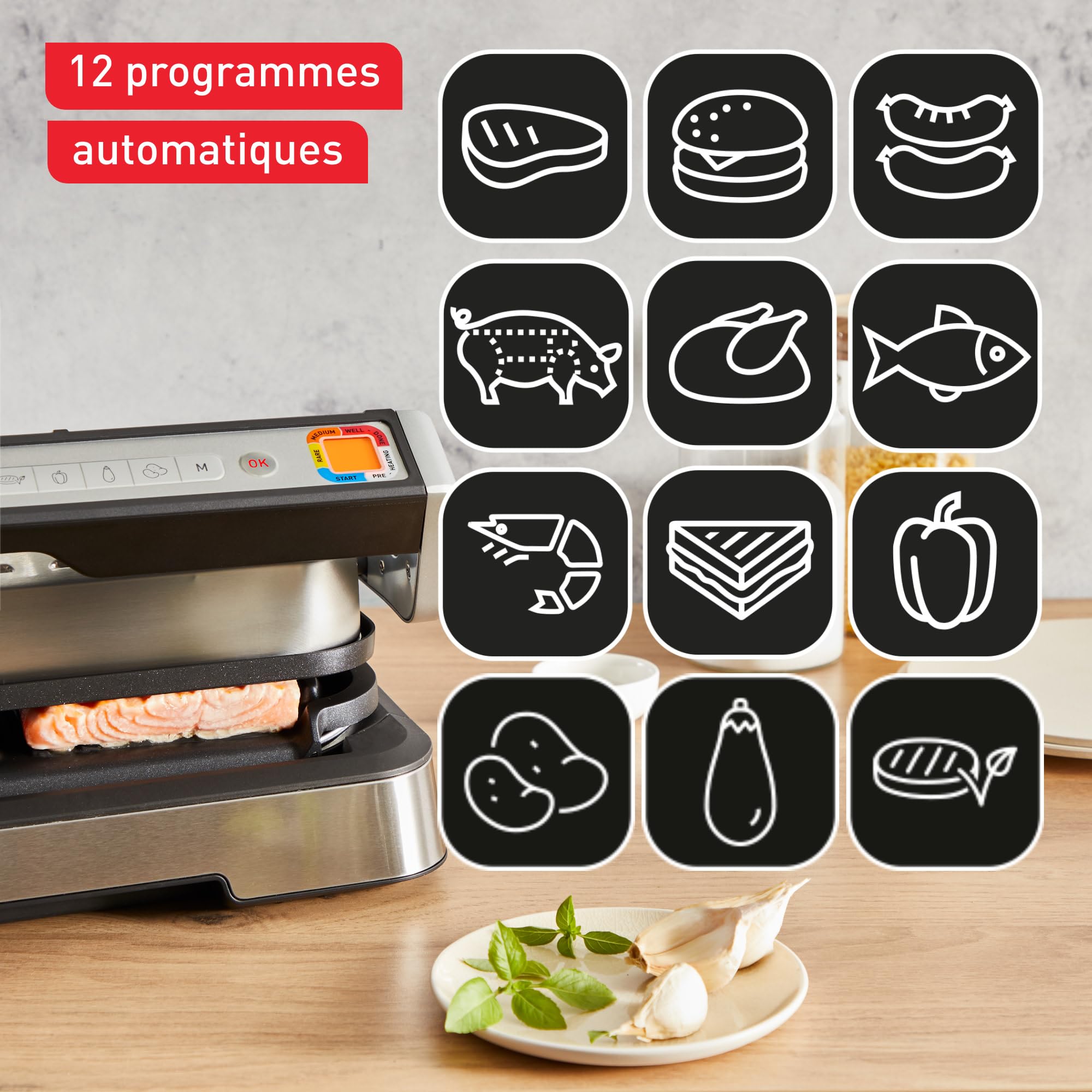 Tefal Optigrill 4 en 1 XL, Grill intelligent, Fonctions bbq, four et repas complet, 9 programmes, Mode manuel, Ouverture 180°, XL 8 personnes, GC784D10