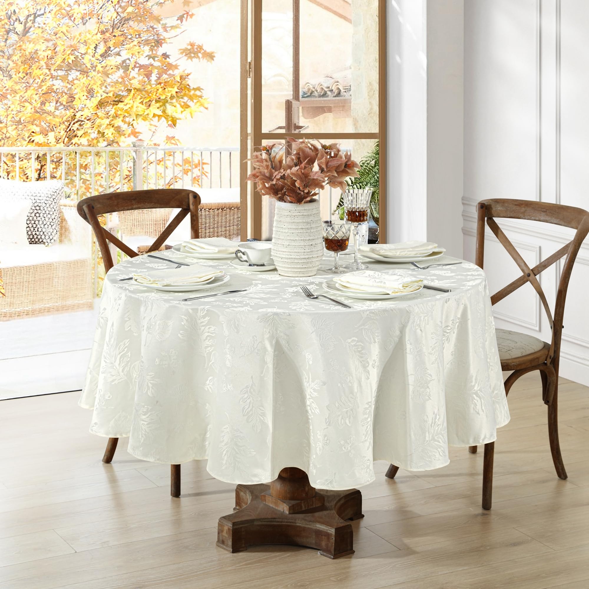 Elrene Home Fashions Elegant Woven Leaves Jacquard Damask Wrinkle Resistant Tablecloth, 60" x 84", Oval, Ivory - Image 2