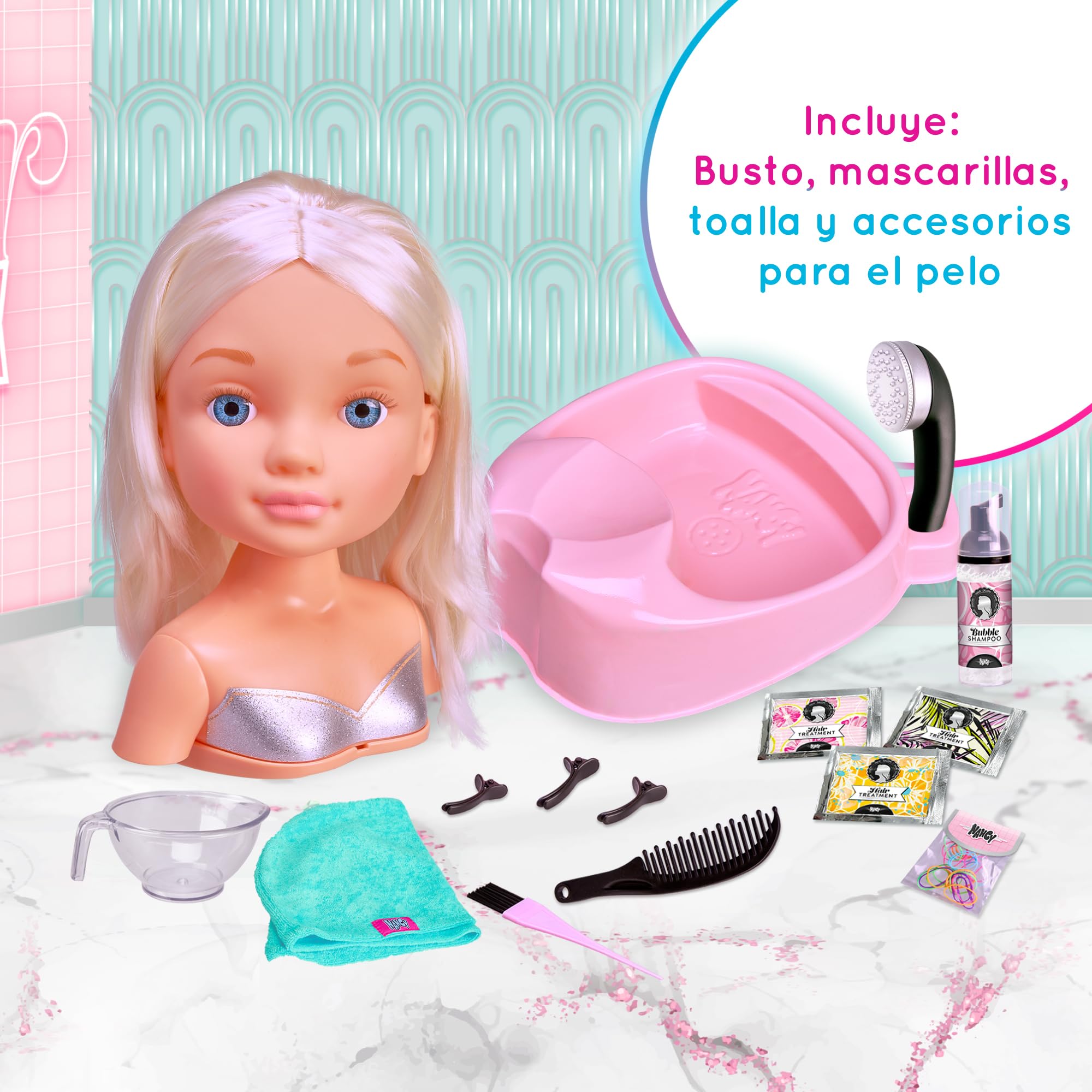 Nancy Hair Salon, Testa capelli biondi, lavatesta che funziona per davvero, accessori per poter creare acconciature, per bambine/I da 3 anni, Famosa (NACB3000)