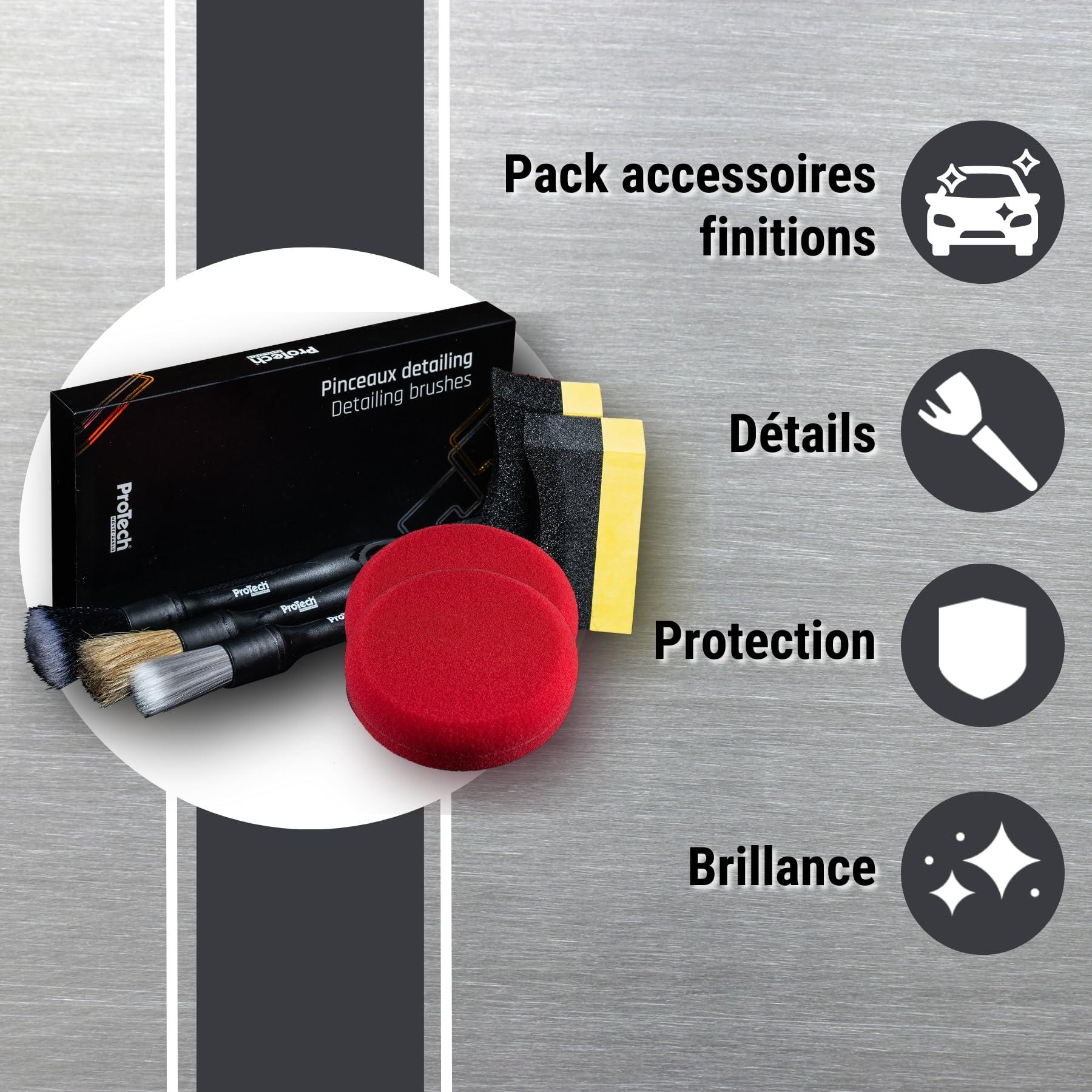 ProTech Monte-Carlo - Kit Accessoires Detailling - Boite de 3 Pinceaux - 2 Applicateurs Pneus - 2 Mousses Rondes - Nettoie Tous Les Détails de Votre Voiture avec Précision - Offre Un Nettoyage Complet