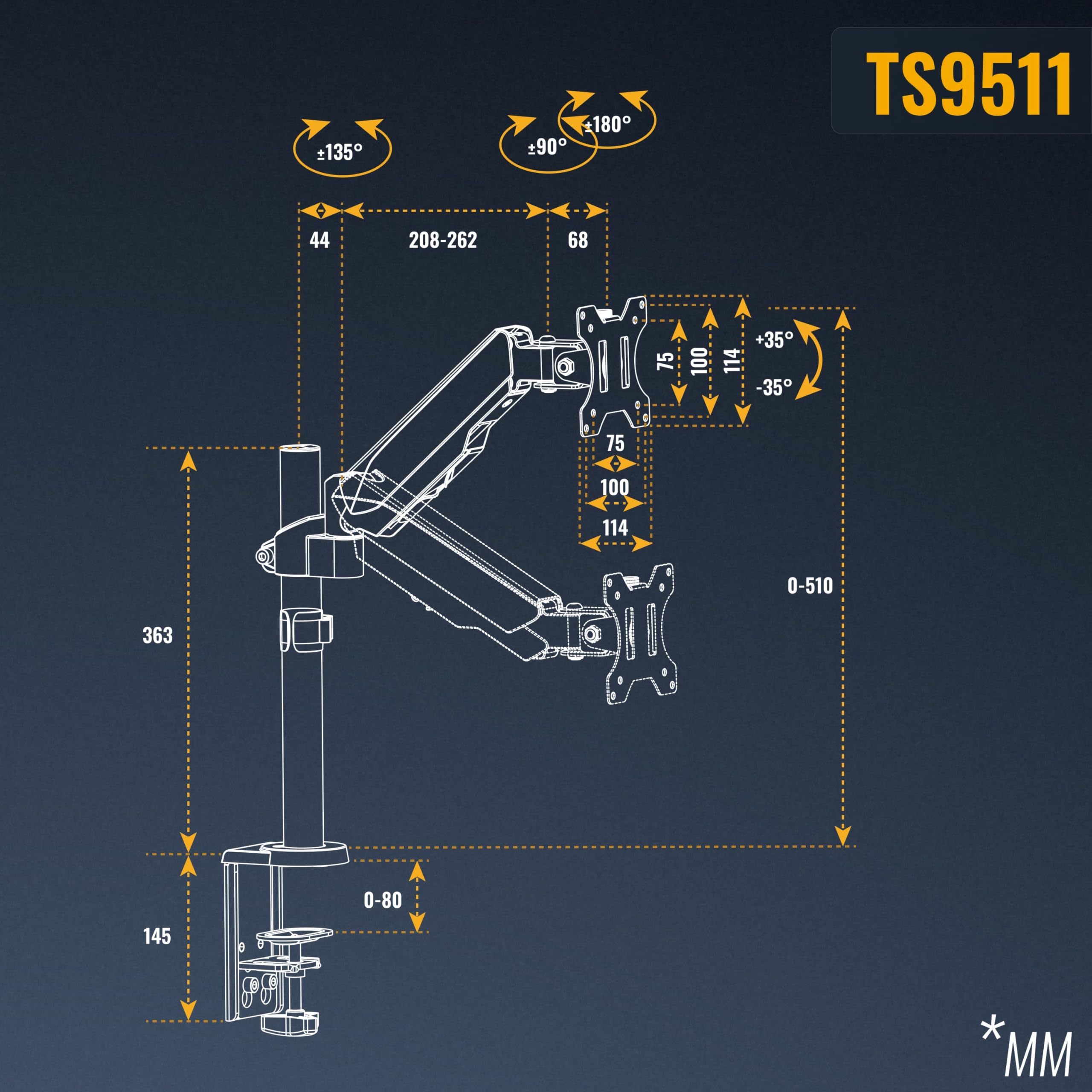 RICOO TS9511 Support Écran PC TV 13 17 19 22 24 27 28 32 34 Pouces VESA 75x75 100x100 Ressort à gaz Orientable Inclinable Rotatif Universel Fixation Bureau Pince de Table