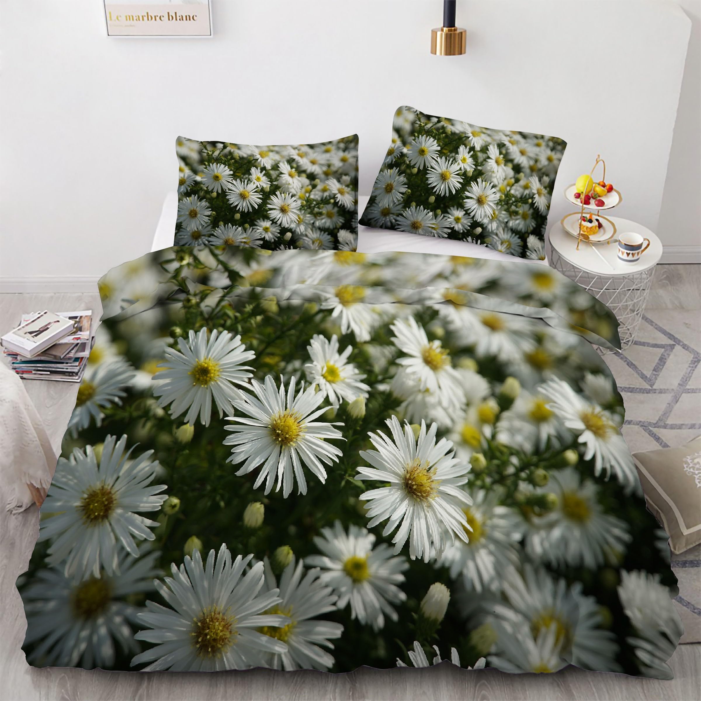 Housse de couette microfibre 90x190 anti-glissement à fermeture éclair motif marguerites