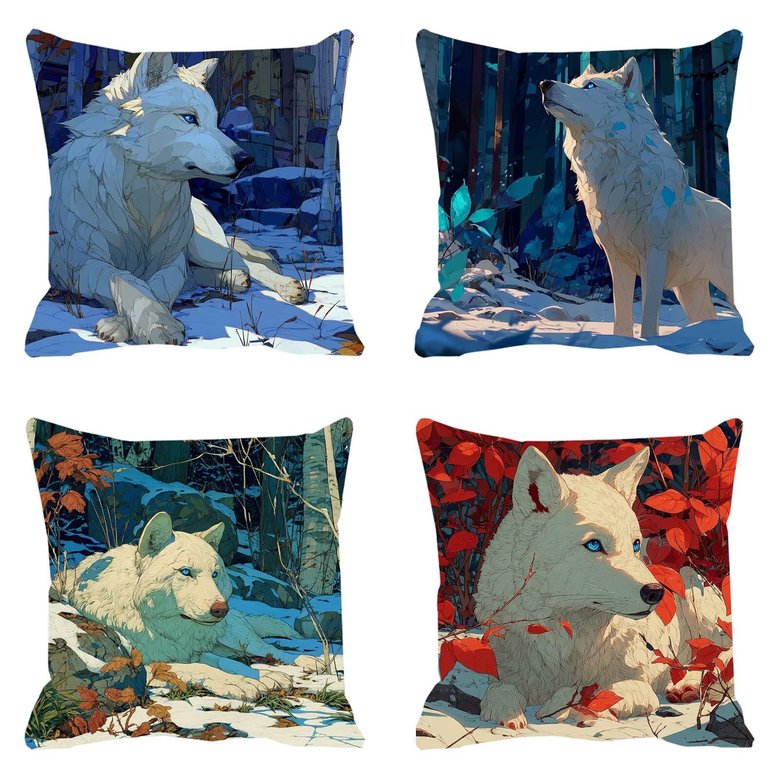 Housse Coussin 60x60 Lin Tissu Imperméable Extérieur, Lot de 4 Housse de Coussin Decoratif Canape Blanc Salon de Jardin Exterieur Coussin Canape pour Canapé Printemps Loup Décoration Art F0P-477