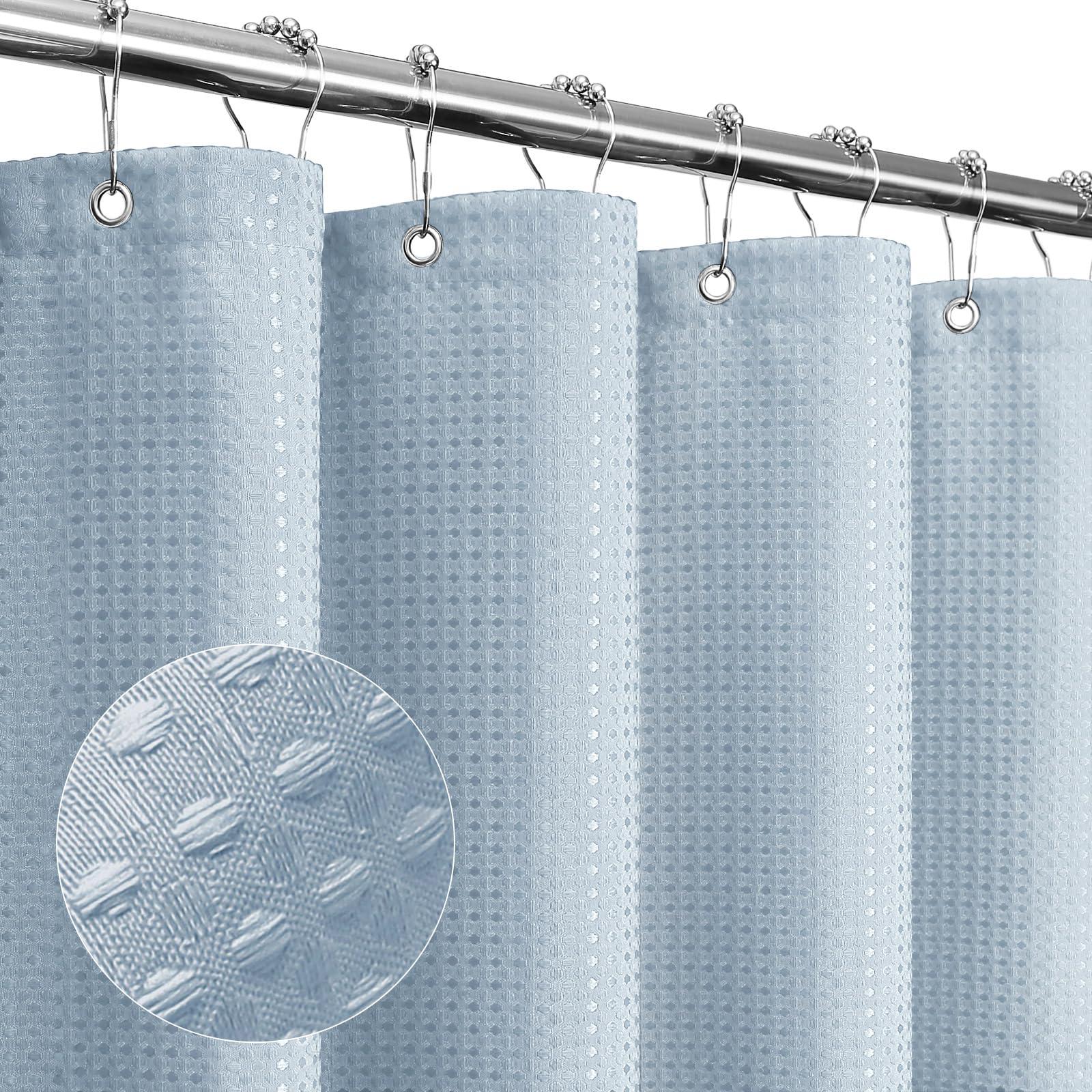 Gibelle Extra Long Shower Curtain 72 x 84, Tall Waffle Weave Textured Fabric Shower Curtain for Bathroom, Water Repellent, Machine Washable, Fog Blue