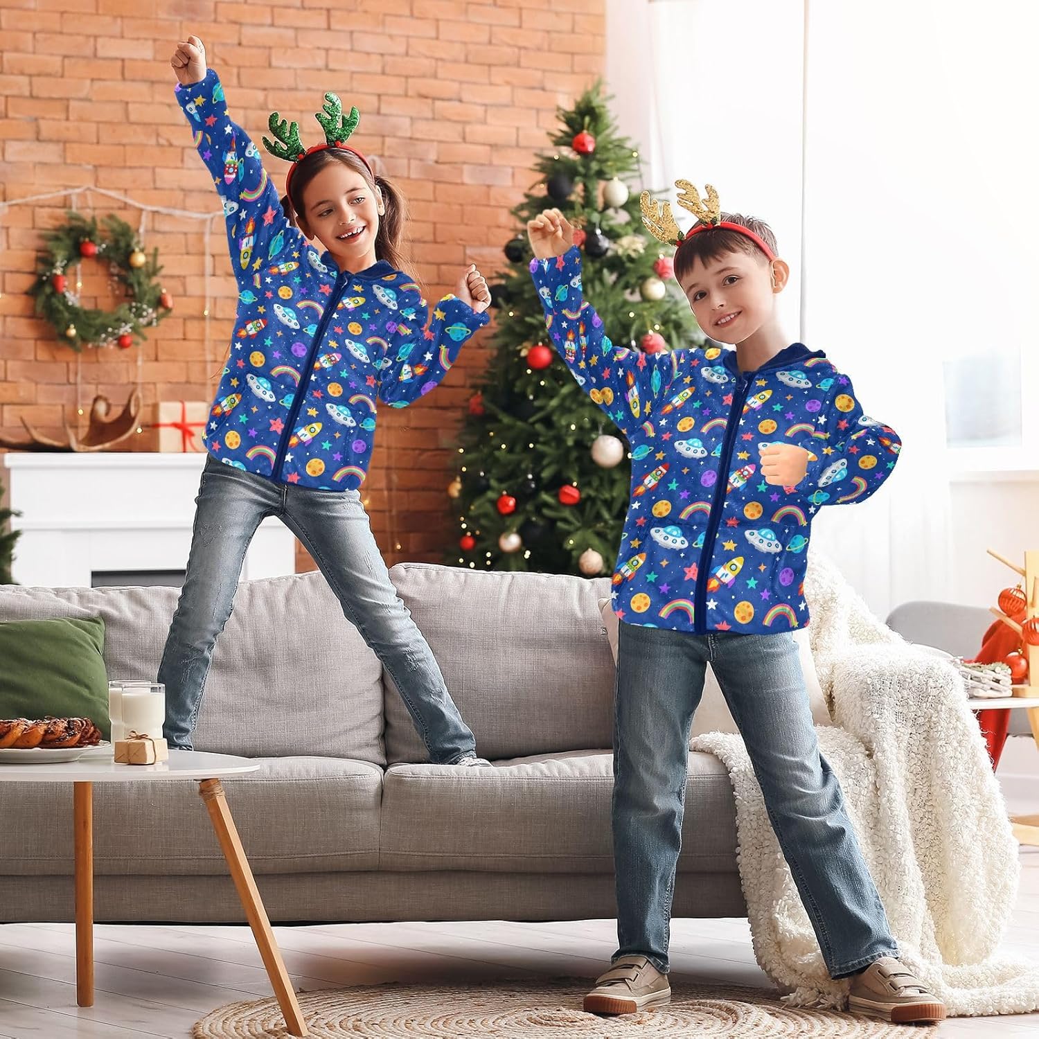 Colorful Space and Rainbow Pattern Jackets for Toddler Children's Coat Navy Blue Baby Boys Clothes