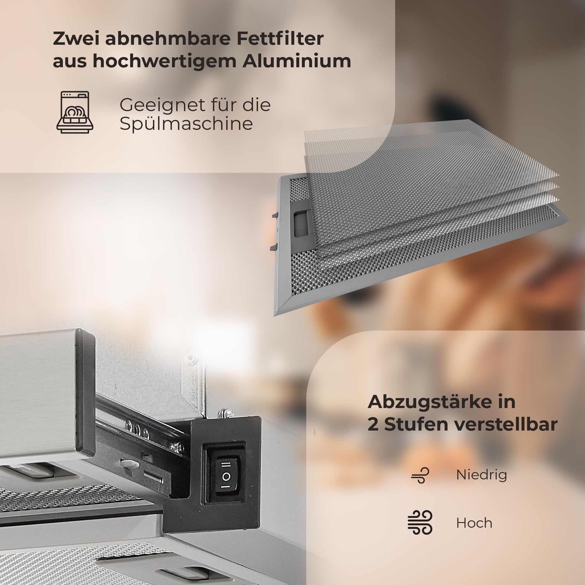 Yuna ALVA FS60B Dunstabzugshaube 60 cm 358 m³/h Edelstahl LED Umluft Abluft