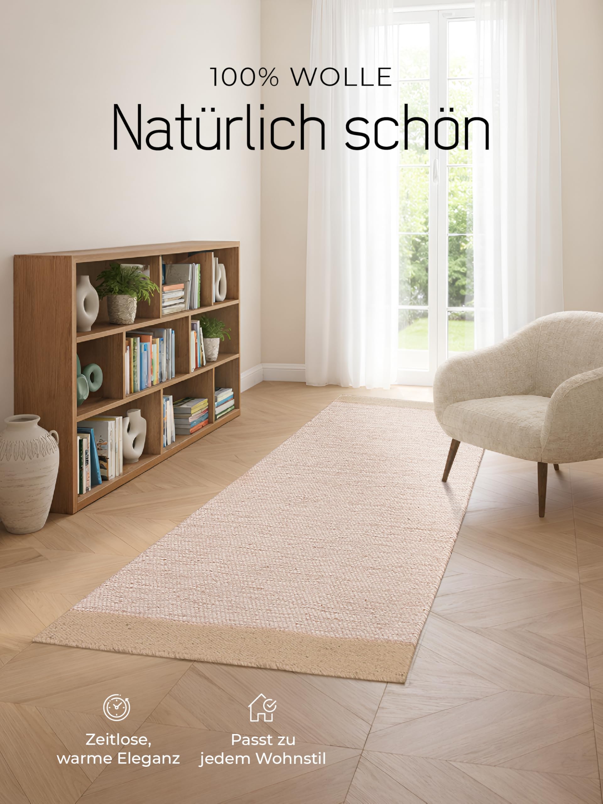 Wollteppich Lui Taupe Läufer 80x400 cm | Moderner Teppich für Wohnzimmer und Küche