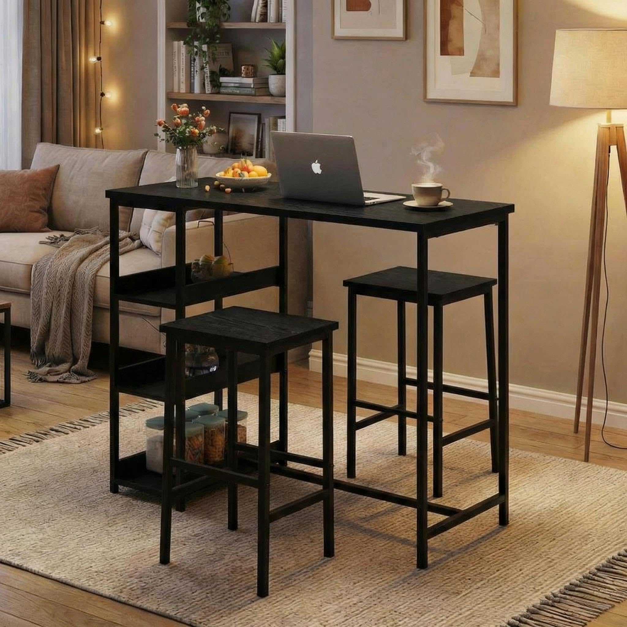 Garvee Bar Tisch Und Stühle Set, Rechteckiger Pub Tisch Mit 2 Hockern Für Kleinen Platz, High Top Tisch, 3-Teilige Frühstück Hocker Set, Robuster Metallrahmen, Einfach Zu Montieren,Schwarz
