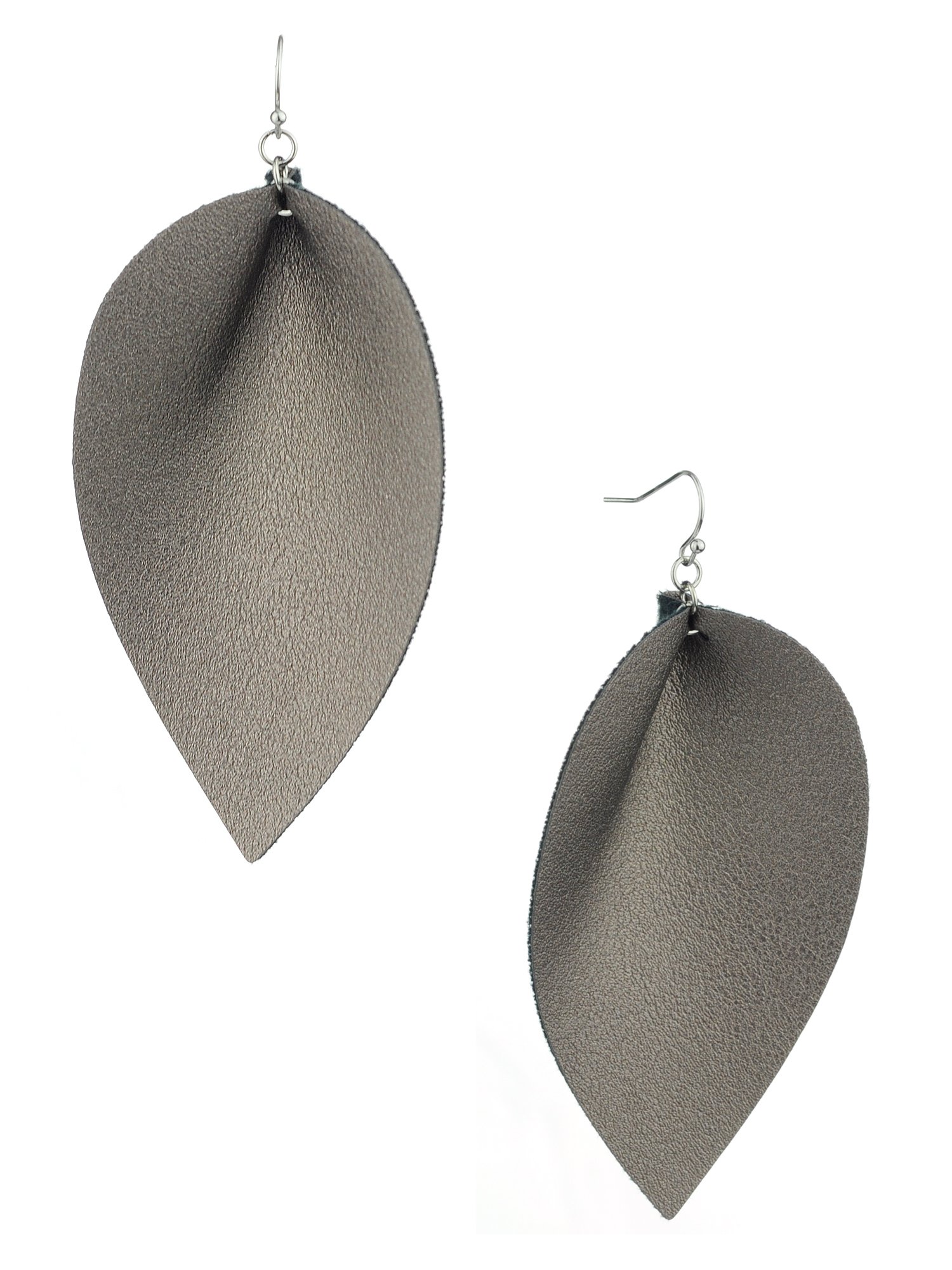 Women's Faux Leather Felt Pinched Leaf Shape Dangle Pierced Earrings, Hematite-Tone
