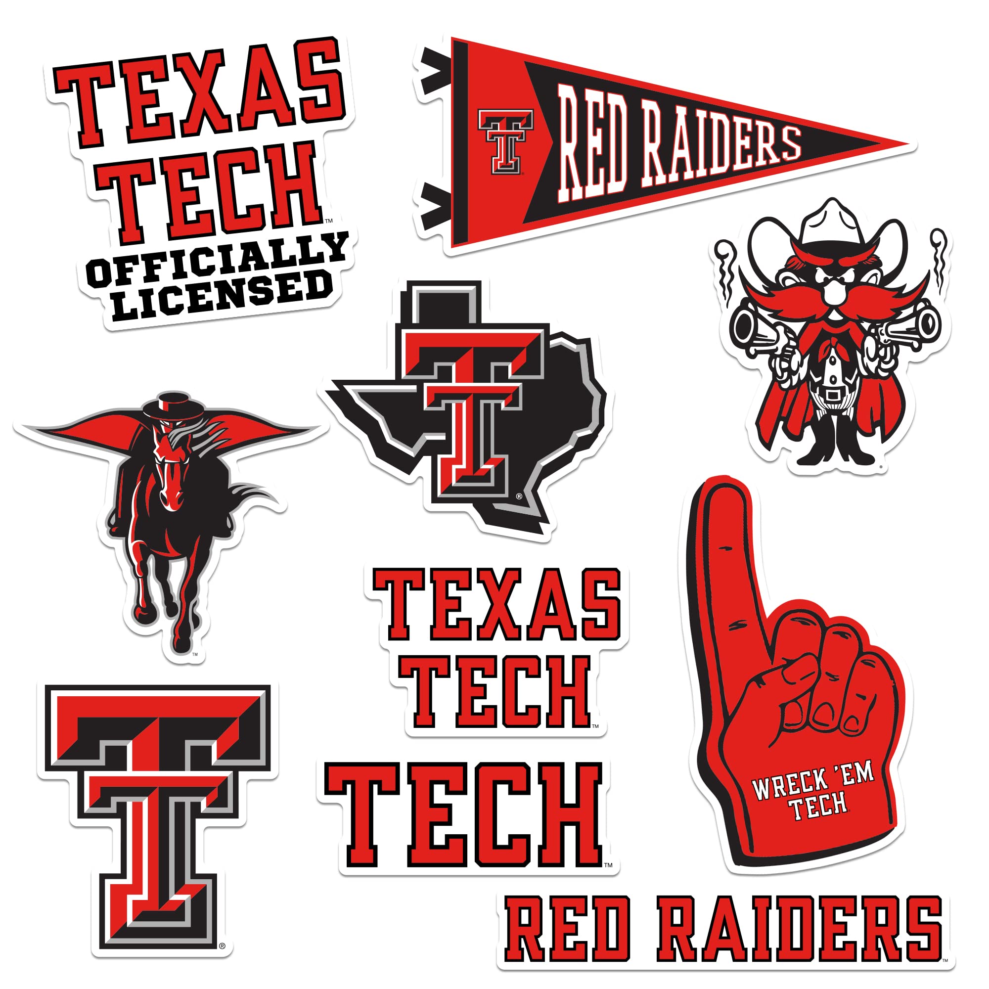 Texas TECH University 9ct Vinyl Large Deluxe Stickers Variety Pack - Laptop, Water Bottle, Scrapbooking, Tablet, Skateboard, Indoor/Outdoor - Set of 9
