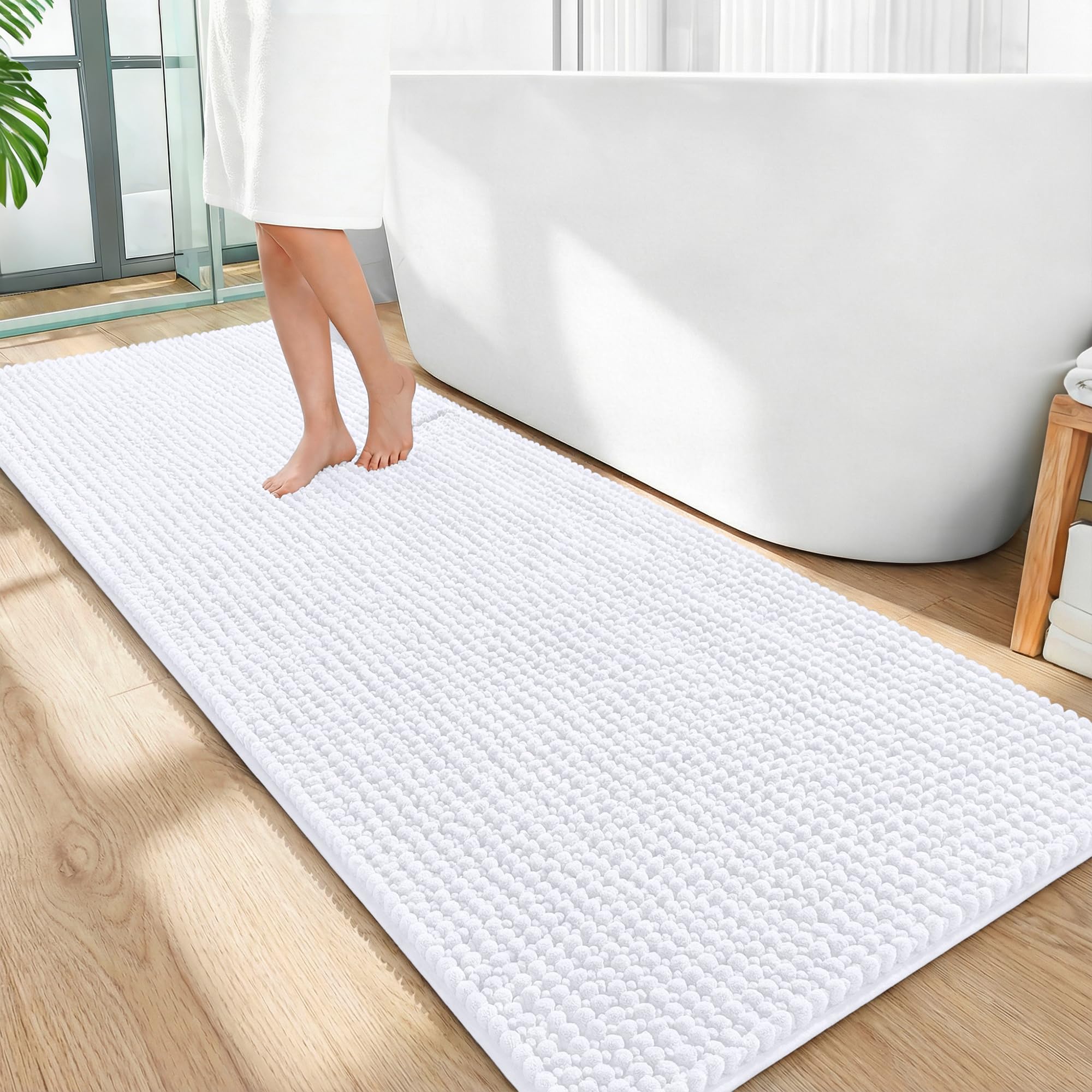 OLANLY Thick Chenille Bathroom Runner Rugs 59x24, Absorbent Bath Mat, White