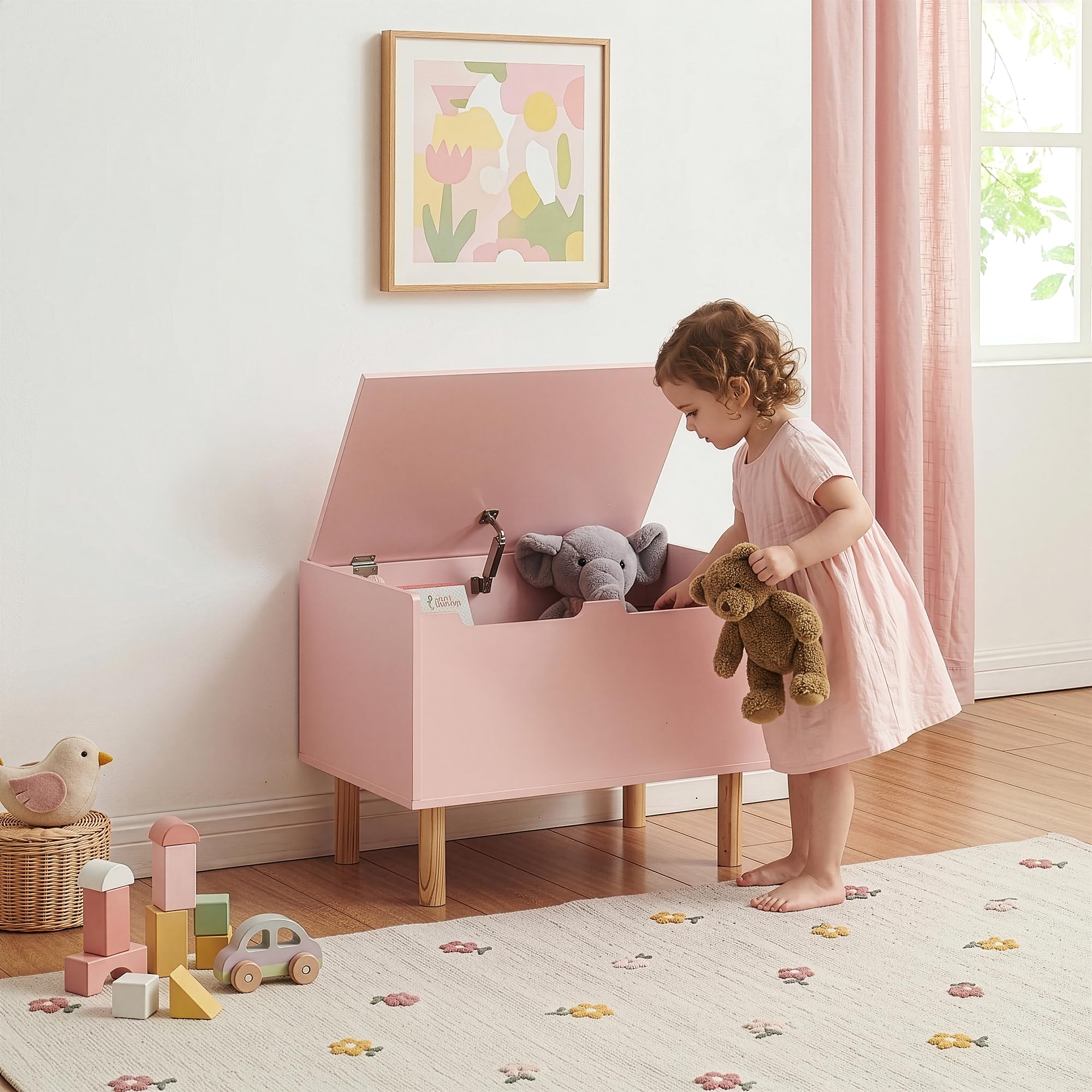 [en.casa] Baule per Giocattoli con Coperchio Cassapanca per Cameretta Piedini in Legno Mobile Contenitore Chiuso Porta Giochi per Bambini Soggiorno Corridoio 60 x 40 x 45 cm - Rosa