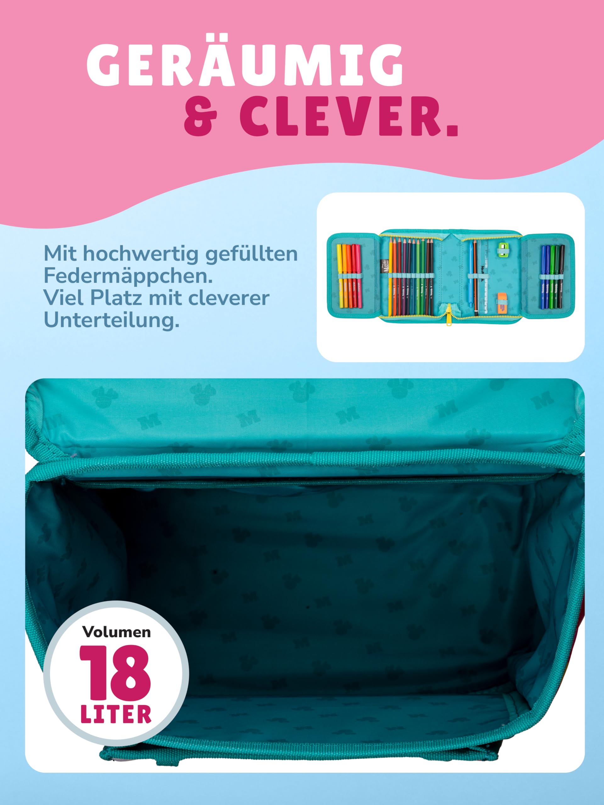 Familando - McNeill Teneris Schulranzen Set - 9-teilig mit Sporttasche - Minnie Mouse - Ergonomisch & verstellbarer Brustgurt - 980g leicht mit 18L Volumen & Reflektoren - Für Grundschule ab 1. Klasse