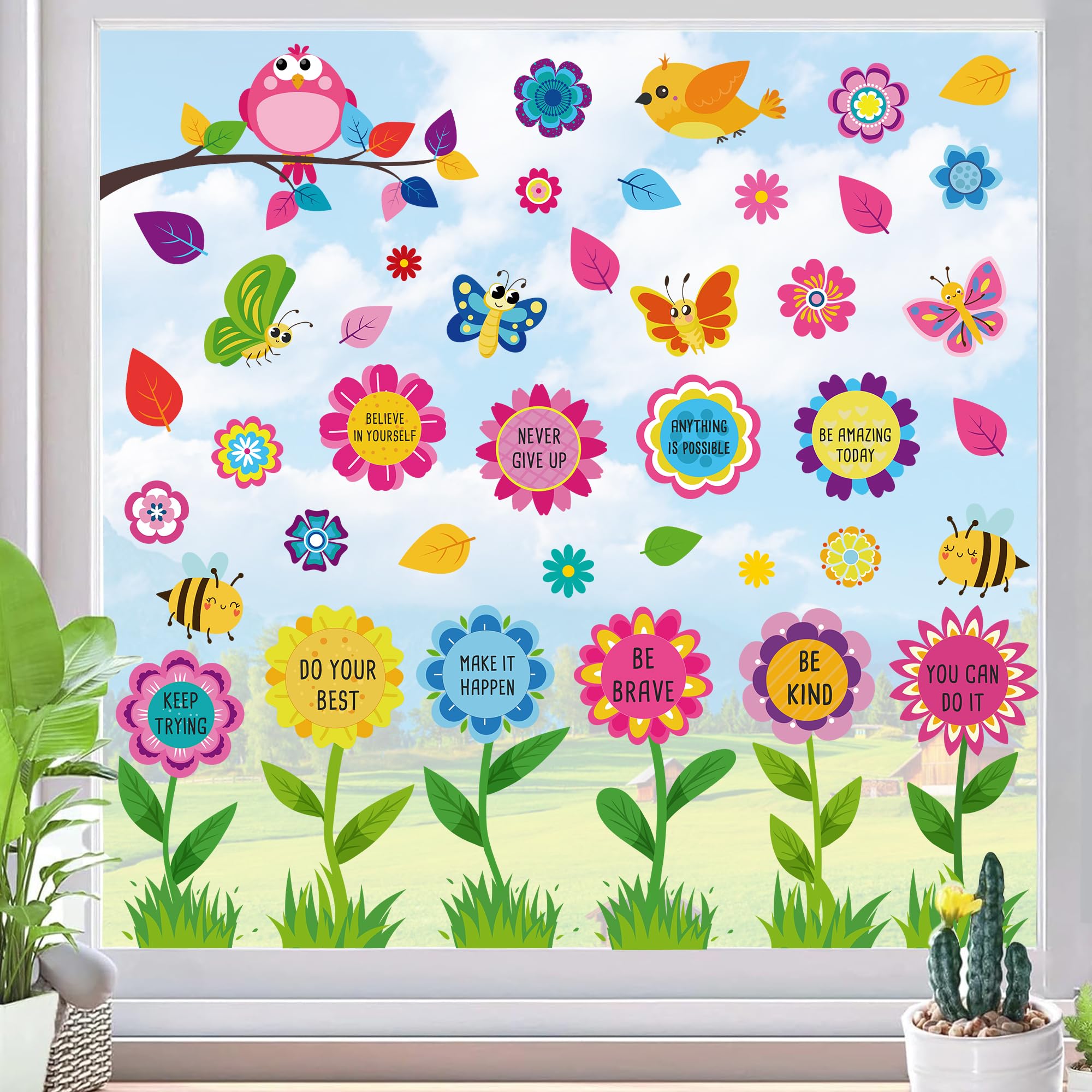 Summer Spring Window Clings Spring Window Clings for Glass Window Double-Side Flower Birds Inspirational Butterfly Summer Spring Window Stickers Decorations for Classroom Home Office Party Decor