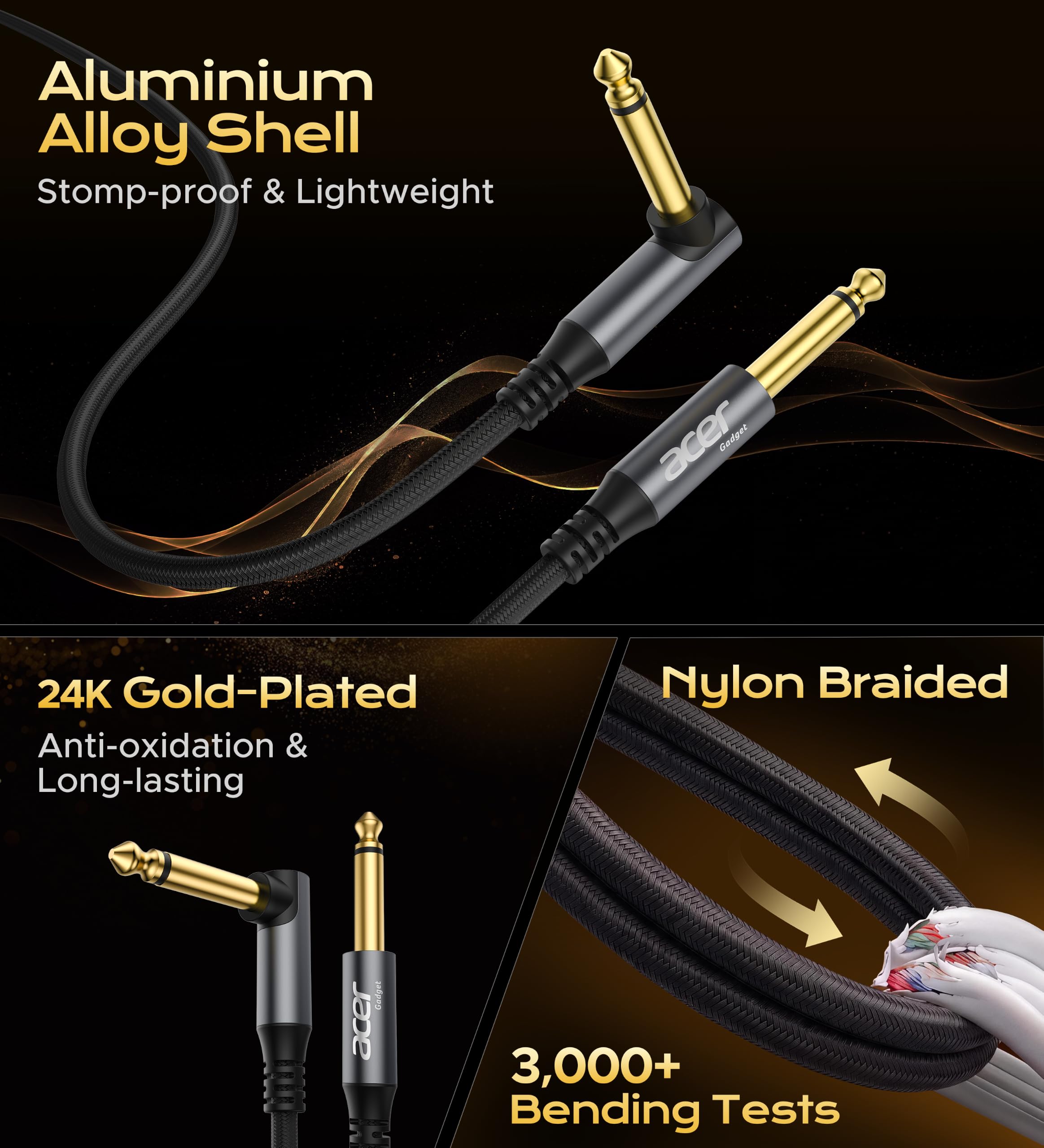 Acer Gadget - Cable de guitarra de 3 m, 22 AWG OFC chapado en oro