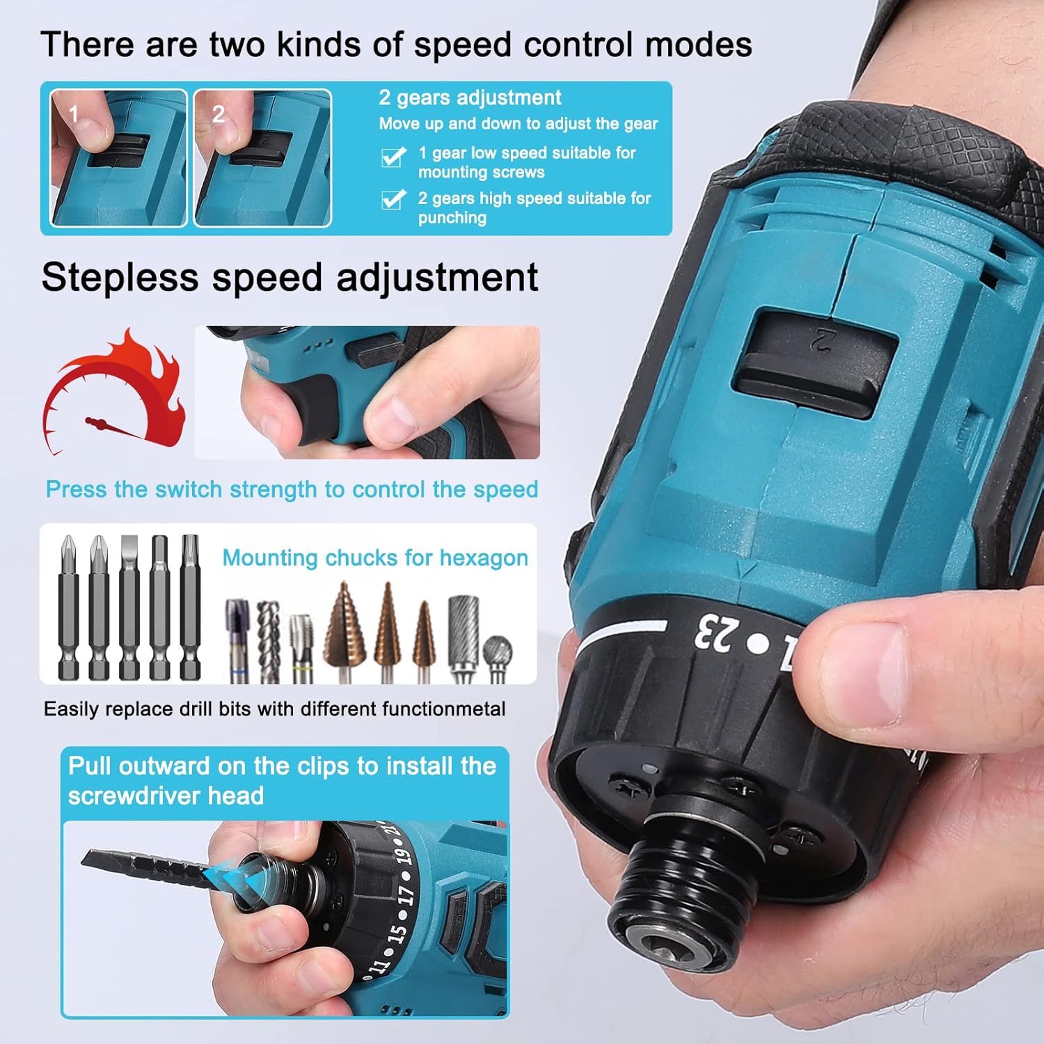 Weytoll 18V Cordless Drill Driver showing 2-gear adjustment and stepless speed adjustment