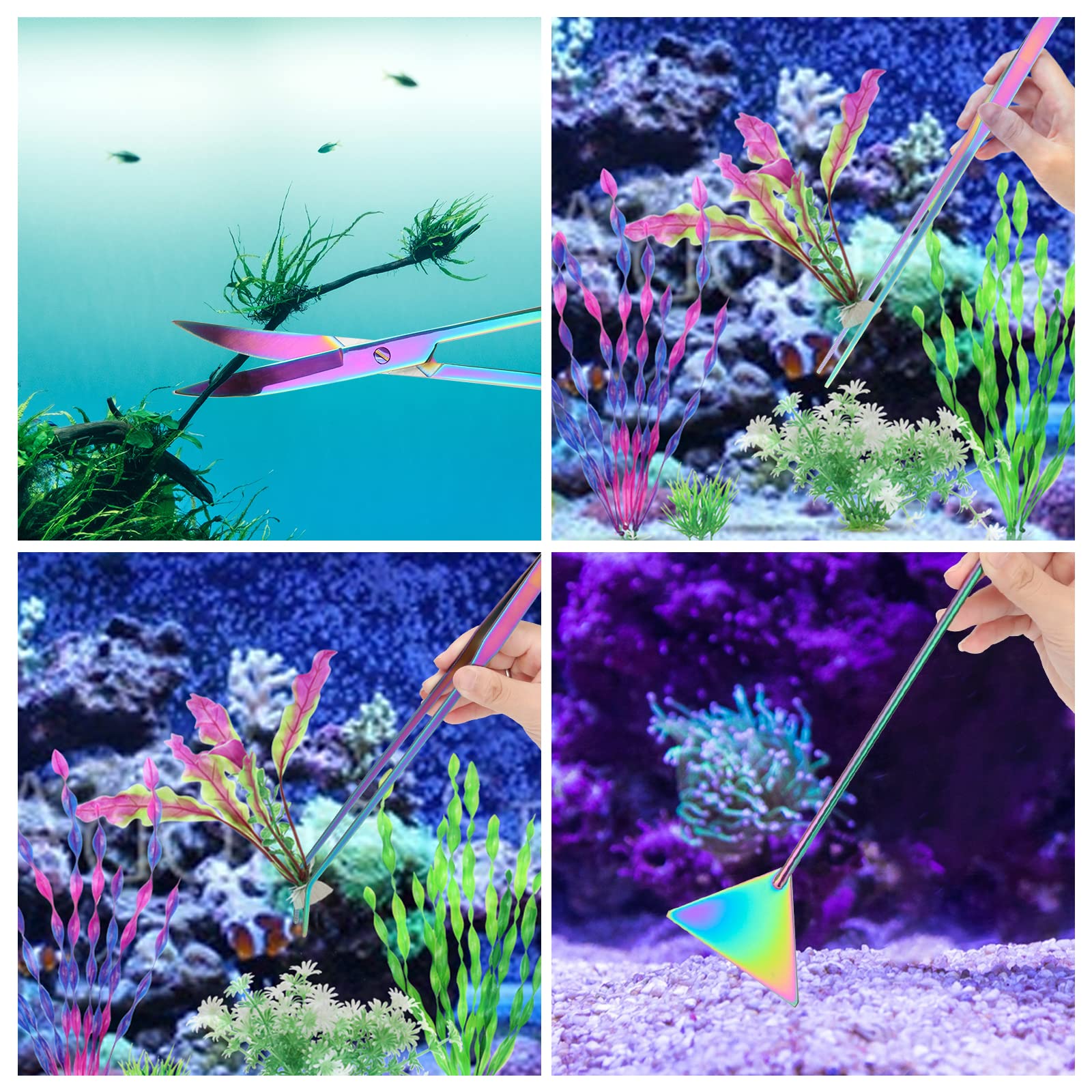 Kit extra lungo Aquascape per acquario, colorato, 4 in 1, strumento anti-ruggine, per piante acquatiche Aquascaping, forbici per acquario e acquario, set di strumenti per acquari