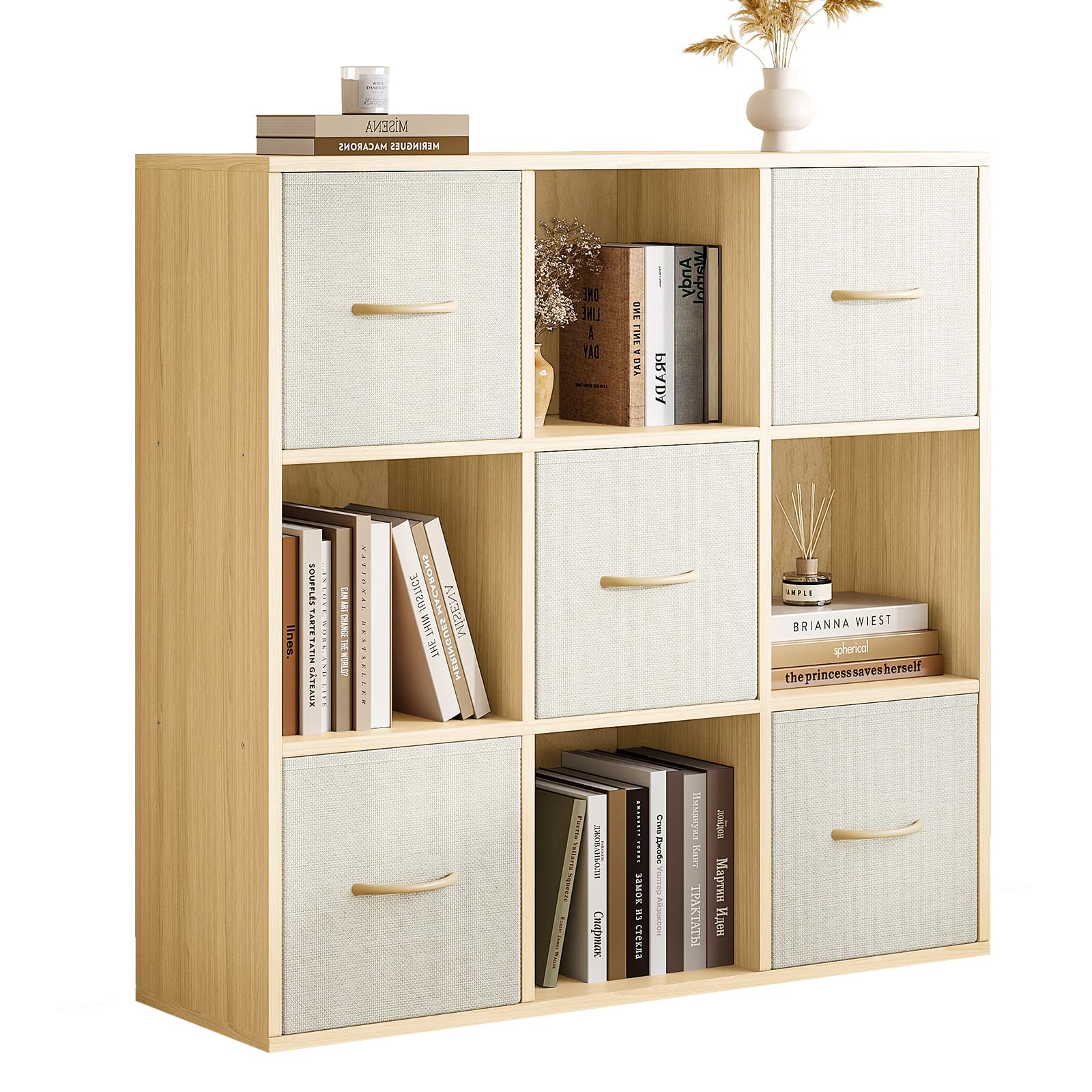 EXPERLAM 9 Cube Storage Organizer - Solid Wood Bookshelf with 5 Storage Bins