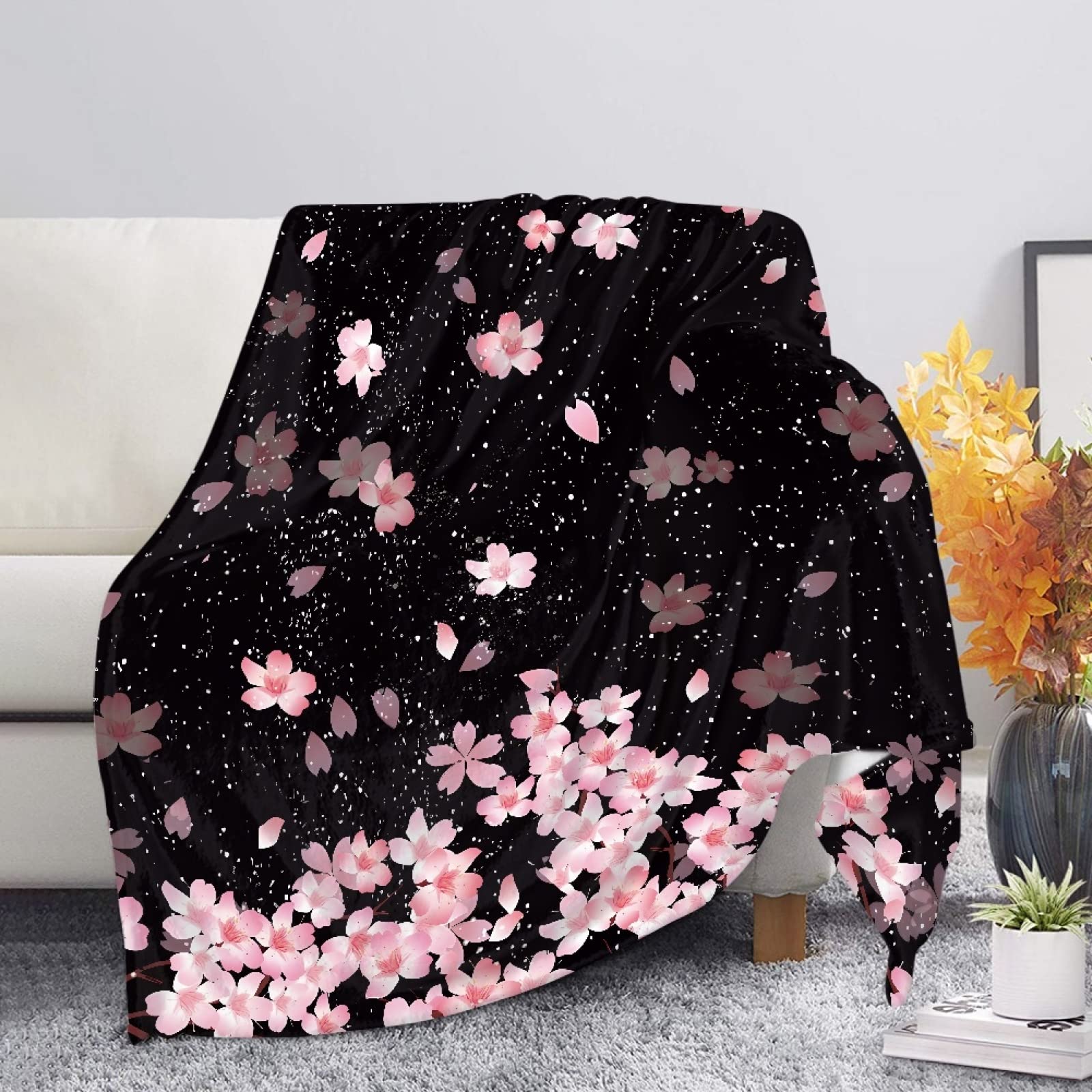 TOADDMOS Pink Sakura Plush Blankets Cherry Blossom Soft & Cozy Micro Blankets and Throws for Sofa Couch Bed Bedroom Travel, Camping Flannel Blanket